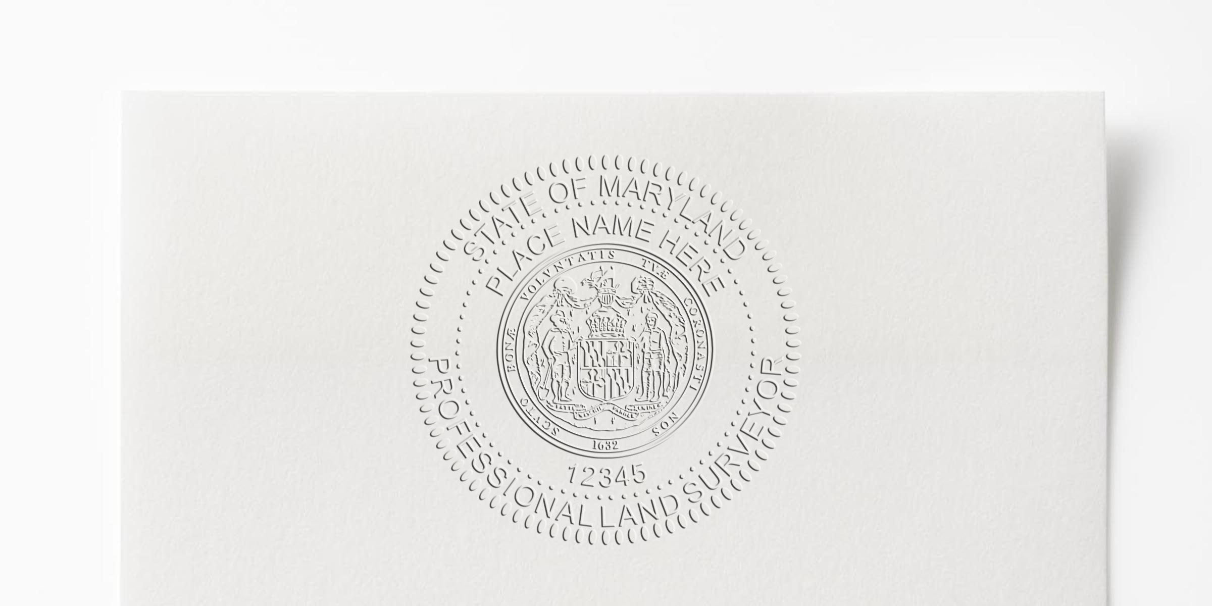 Maryland land surveyor seal embossed on white paper, displaying official seal details for professional land surveying services.