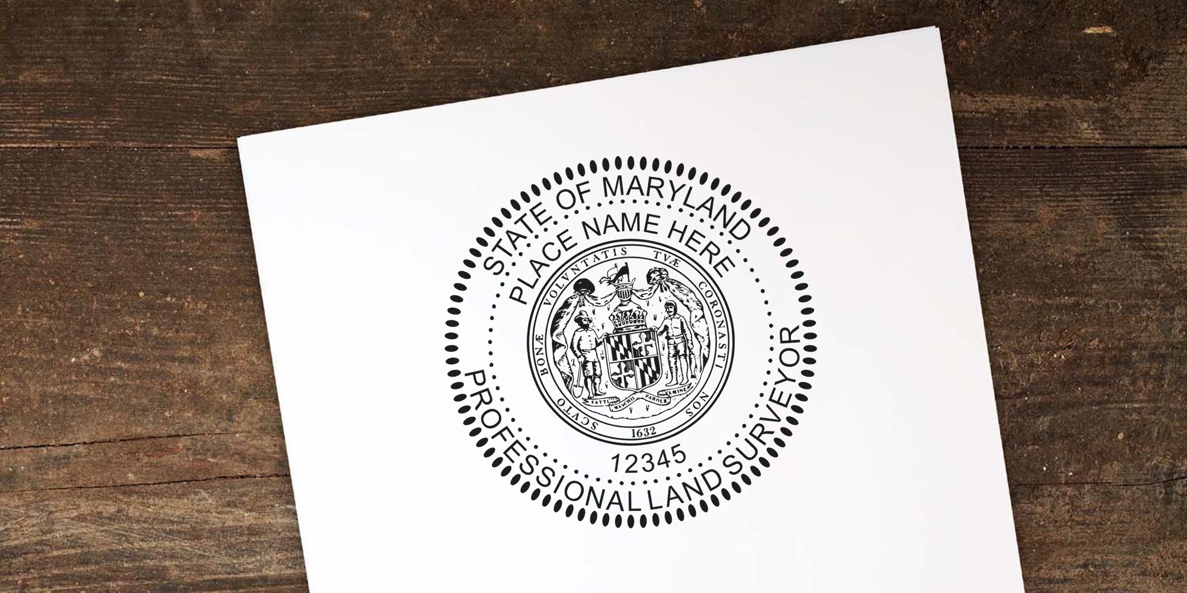 Maryland land surveyor seal on white paper, symbolizing certification and professional land surveying services in Maryland.