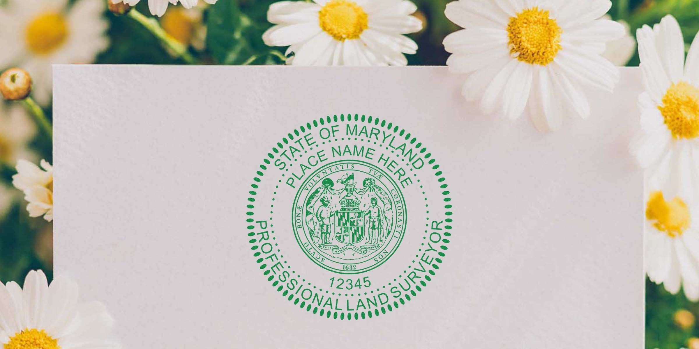 Maryland land surveyor seal engraved on white paper, framed by daisies, highlighting expert seal engraving techniques.