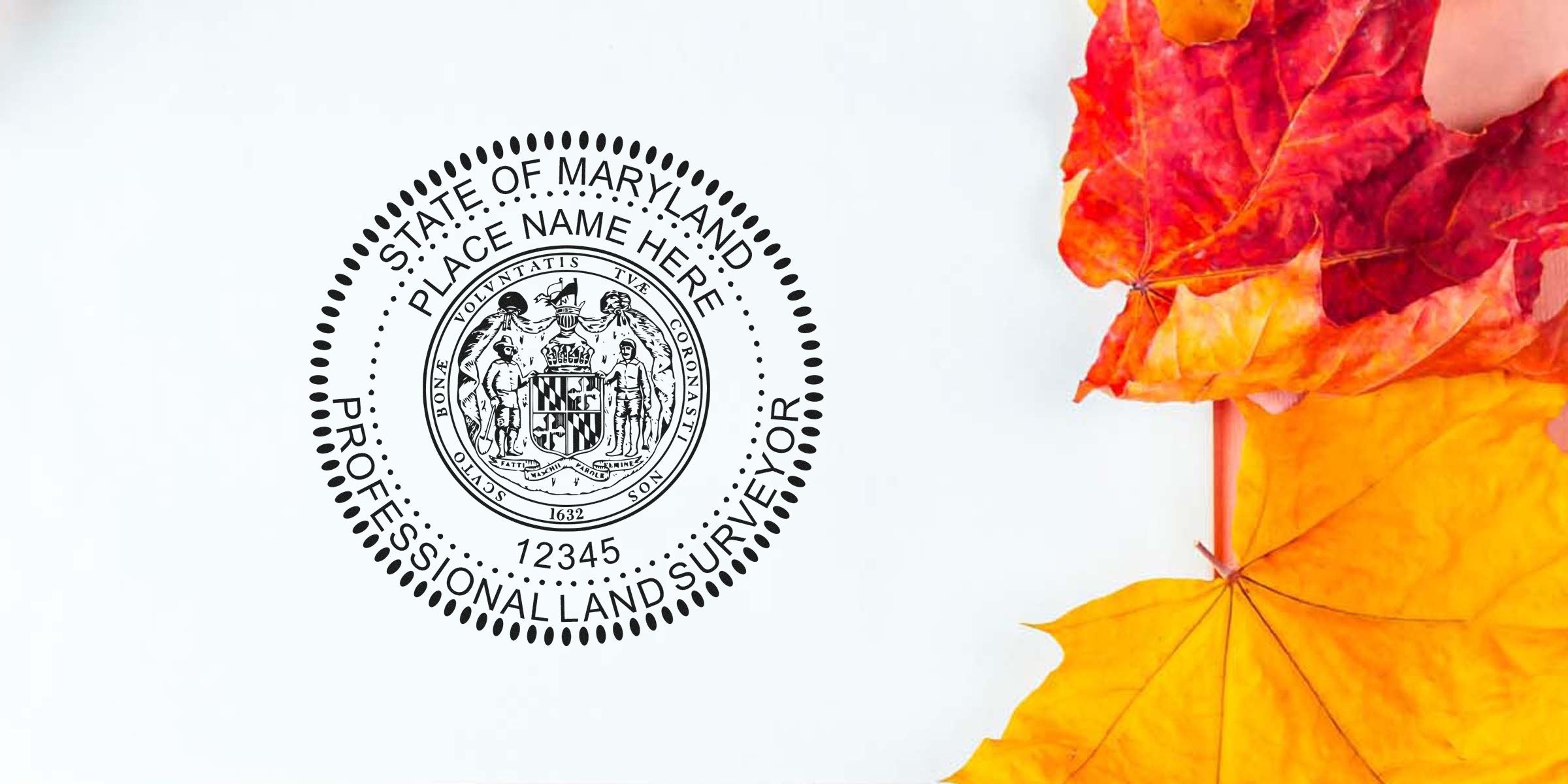 Maryland land surveyor seal embosser with the State of Maryland professional land surveyor seal and autumn leaves background.