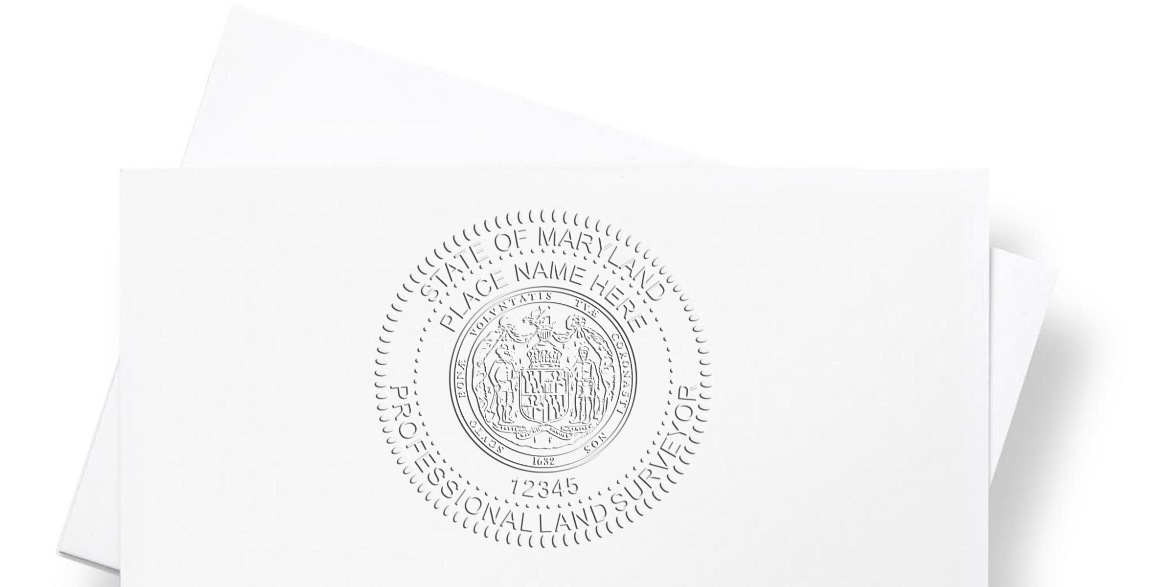 Embossed Maryland land surveyor stamp on white paper with an envelope background, highlighting Maryland land surveyor certification.