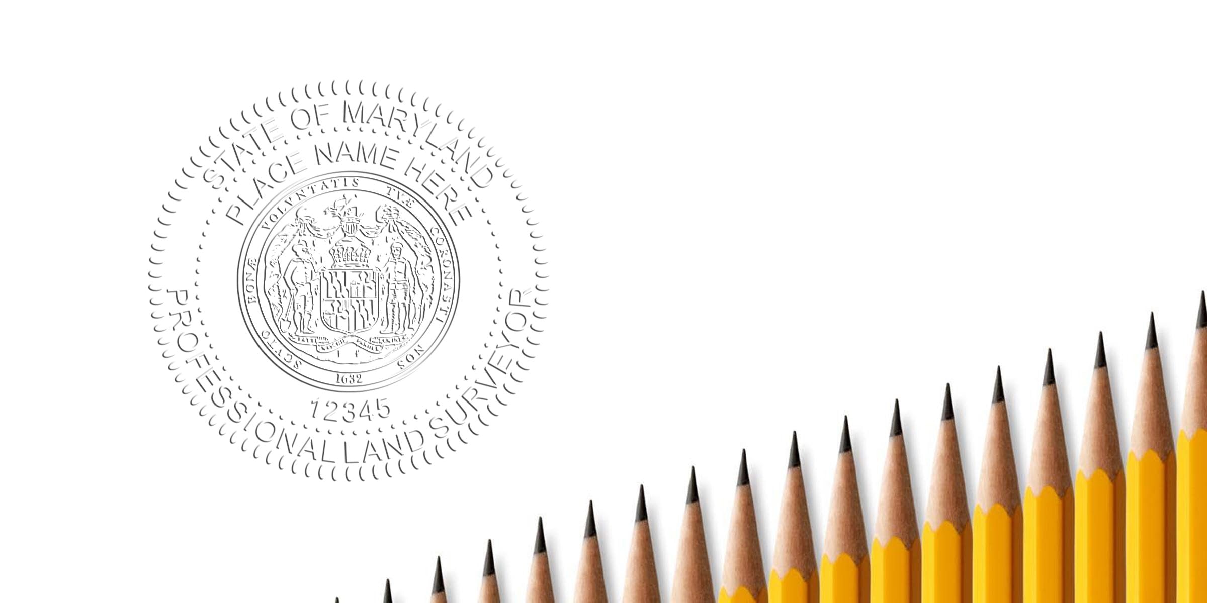 Maryland land surveyor seal with sharpened yellow pencils representing surveying tools, displaying examples of Maryland land surveyor seals.