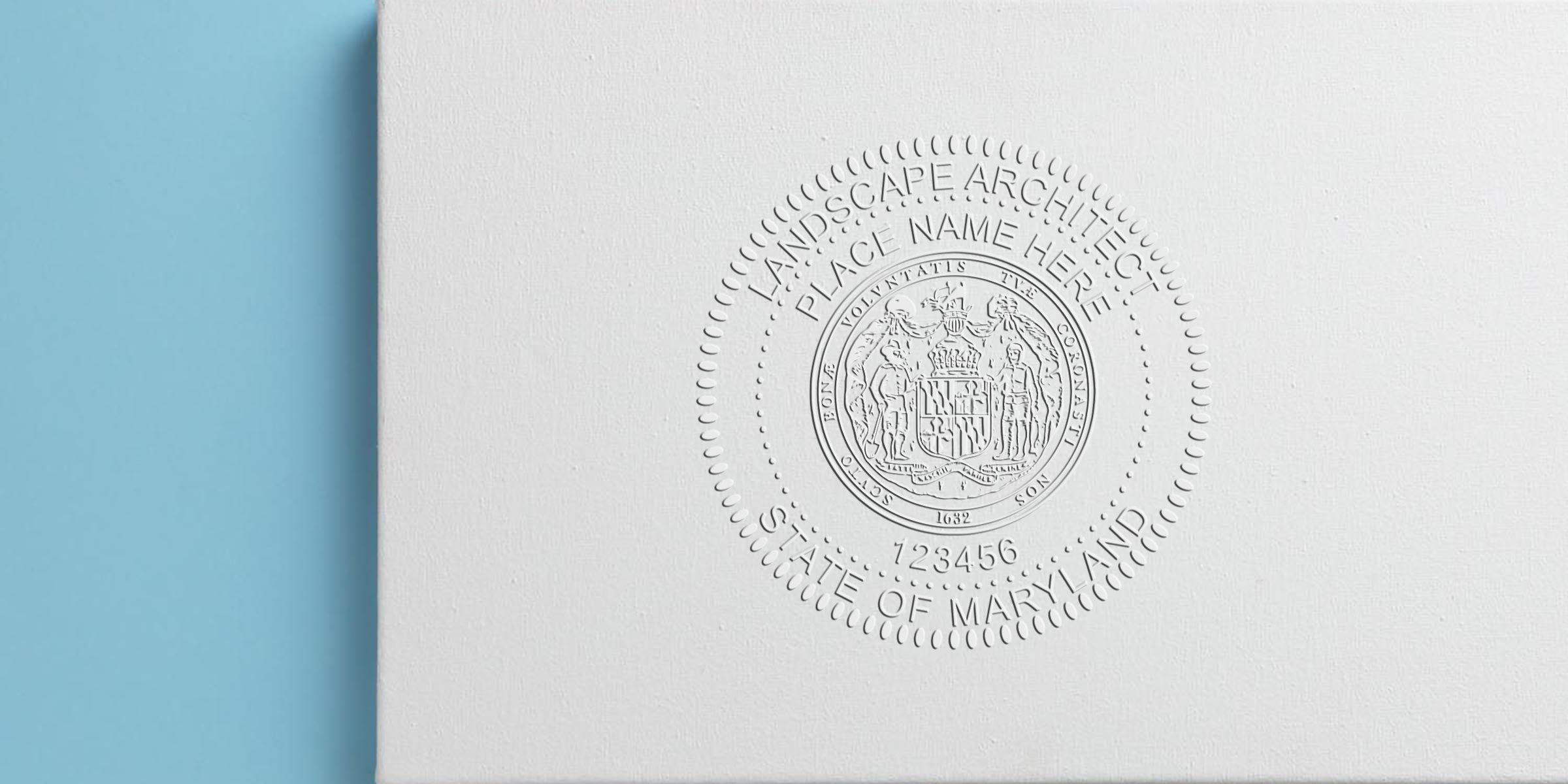 Embossed Maryland landscape architect seal on white paper with blue background, displaying seal design options.