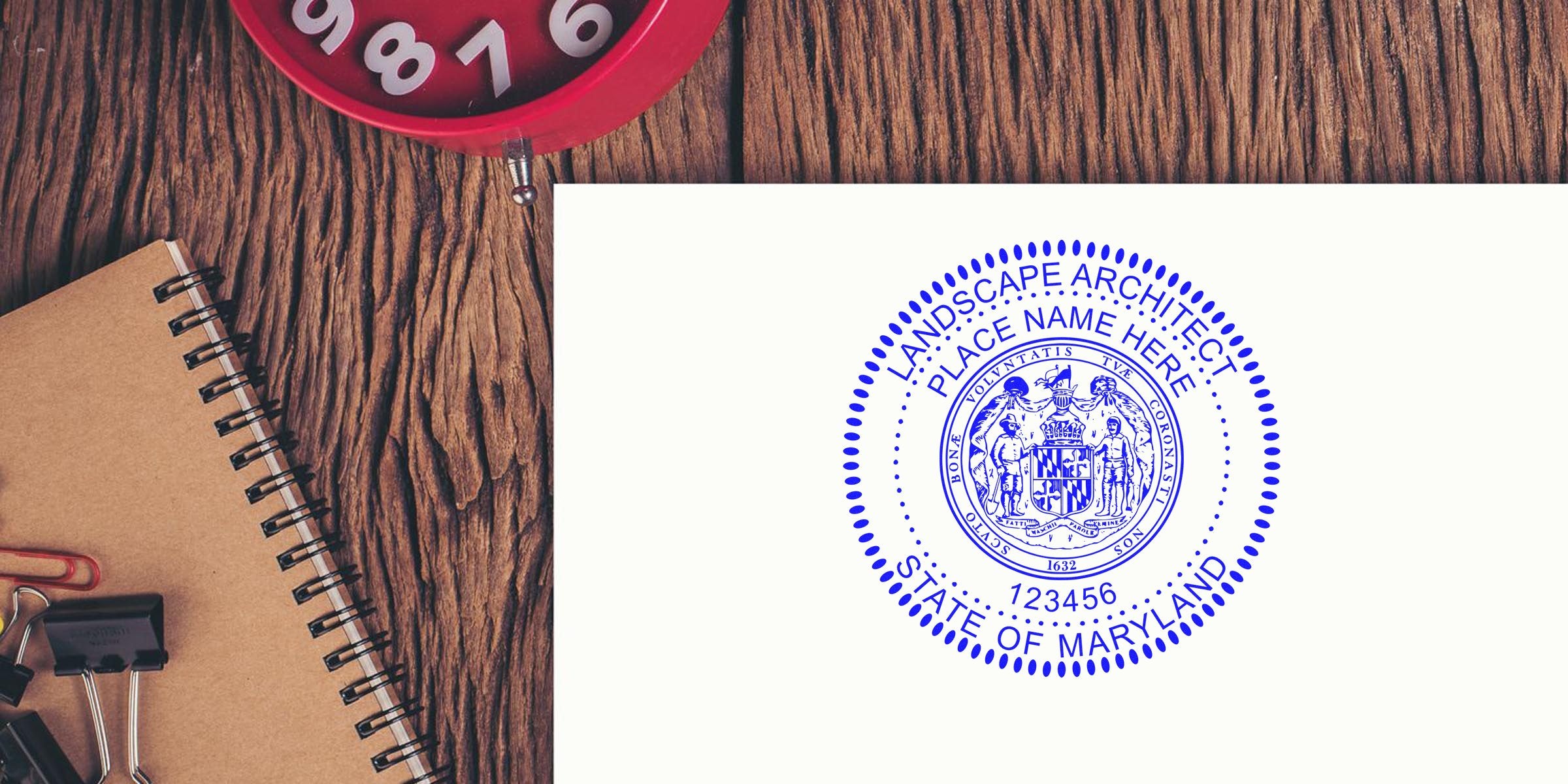 Maryland landscape architect seal on white paper next to a notebook and red clock on wooden desk, emphasizing trustworthy online sources.