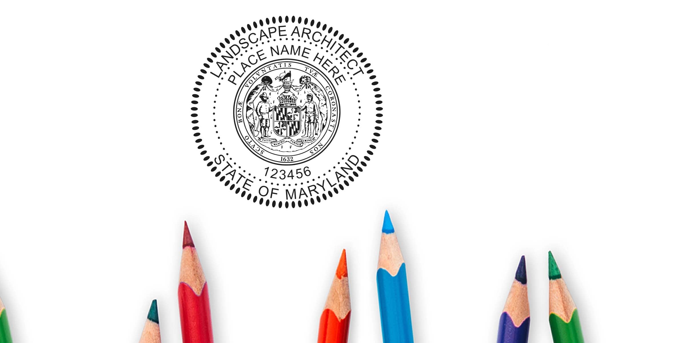 Maryland landscape architect stamp with colorful sharpened pencils, symbolizing the Maryland landscape architect seal, available online.