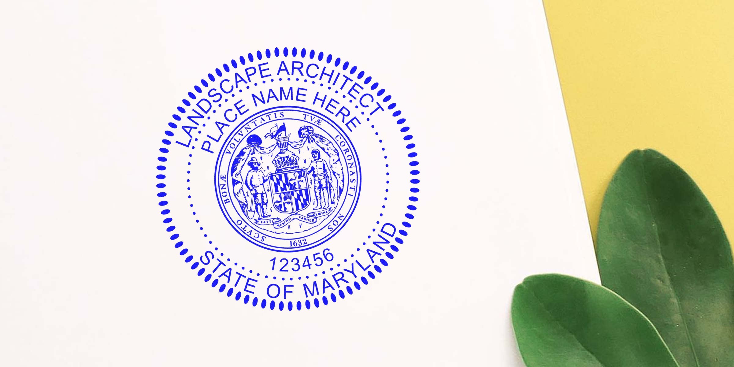 Maryland landscape architect stamp with state emblem, green leaves on white and yellow background, includes landscape architect stamp checklist.