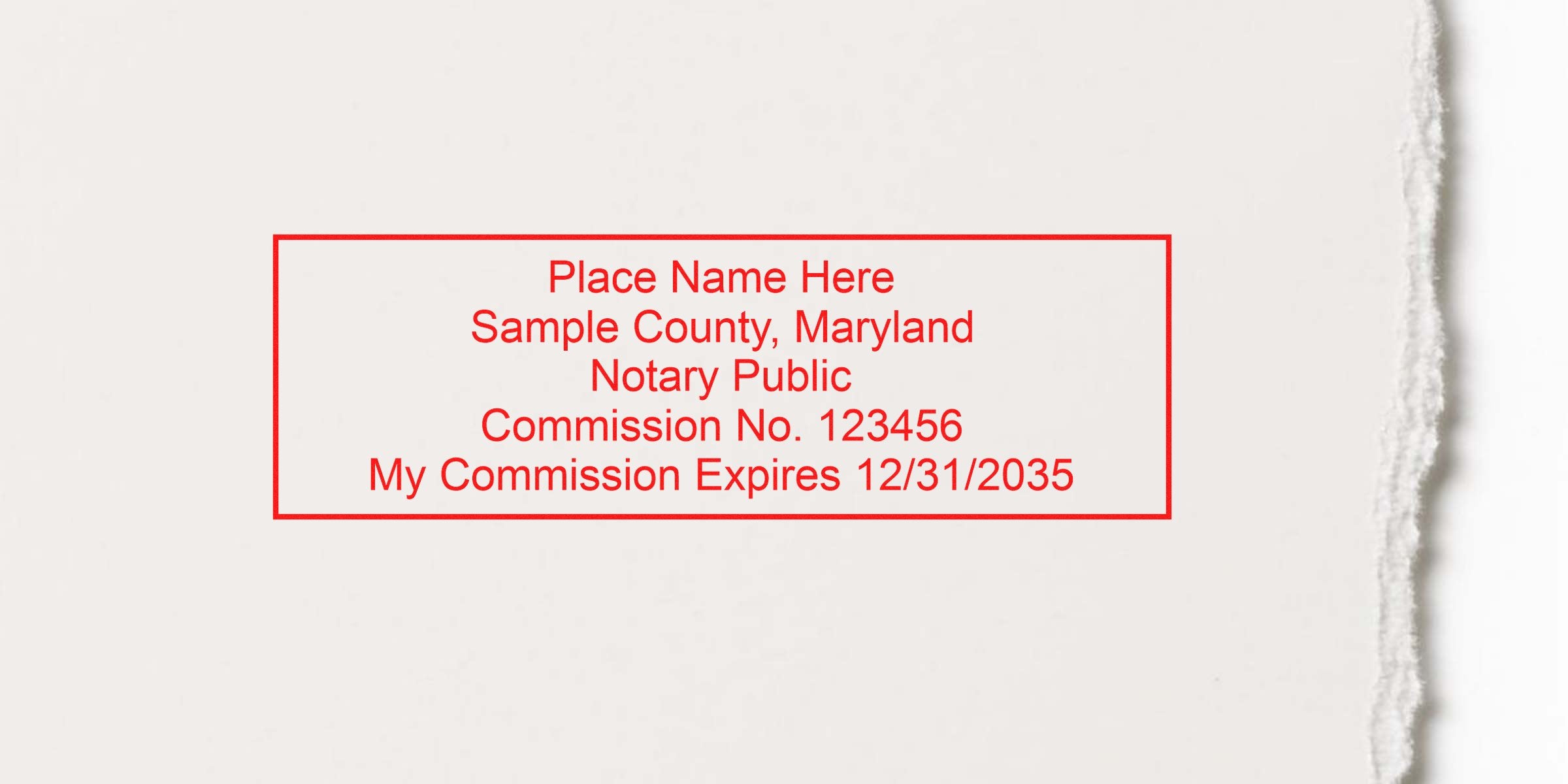 Maryland notary seal on white paper with commission stamp and expiration date, plus essential tips for buying a notary seal.