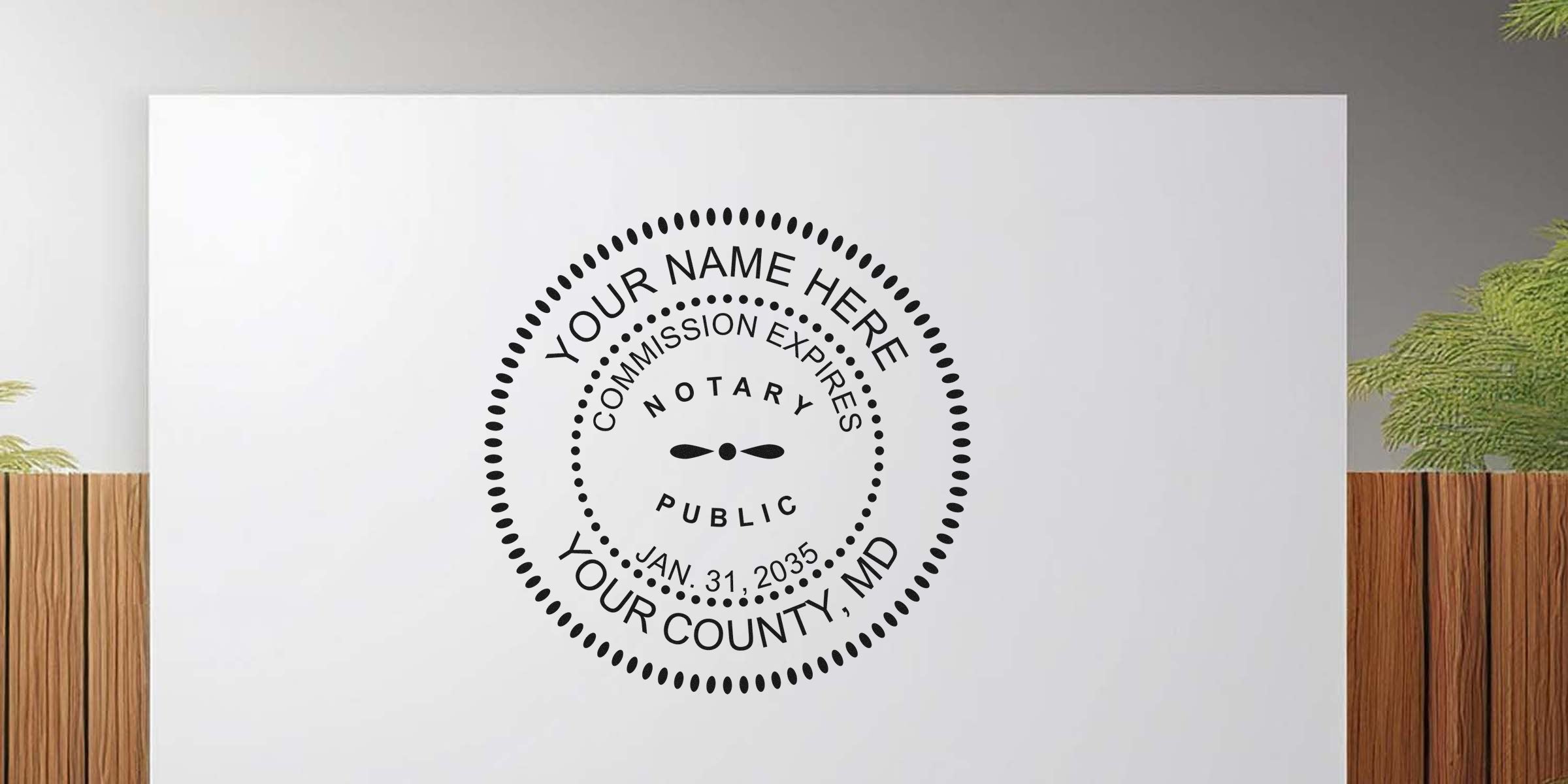Custom Maryland notary stamp with self-inking design and commission expiration date for Maryland public notary services.