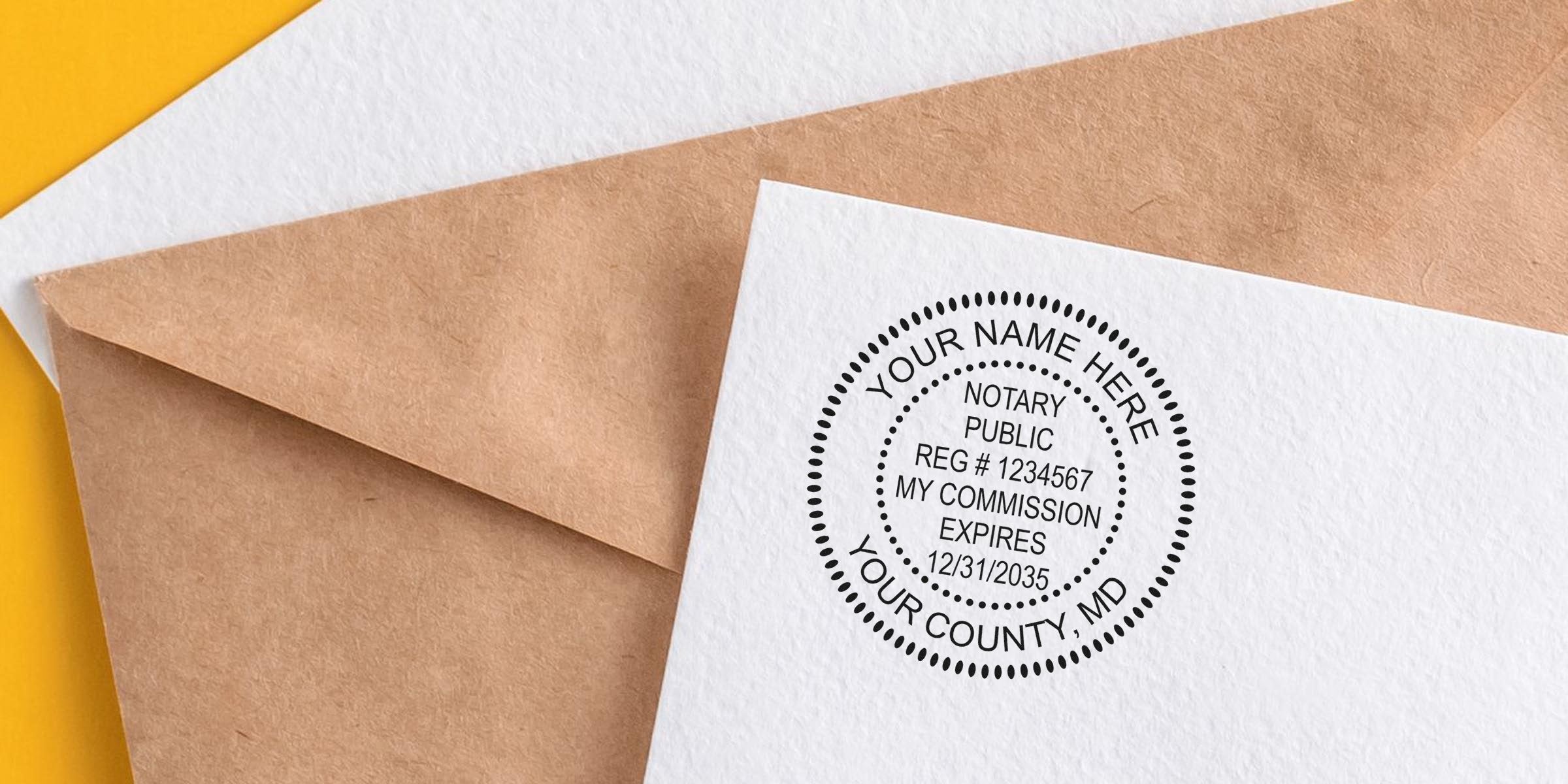 Maryland notary stamp with round seal on white paper beside a brown envelope, personalized with commission expiration date for legal documents.