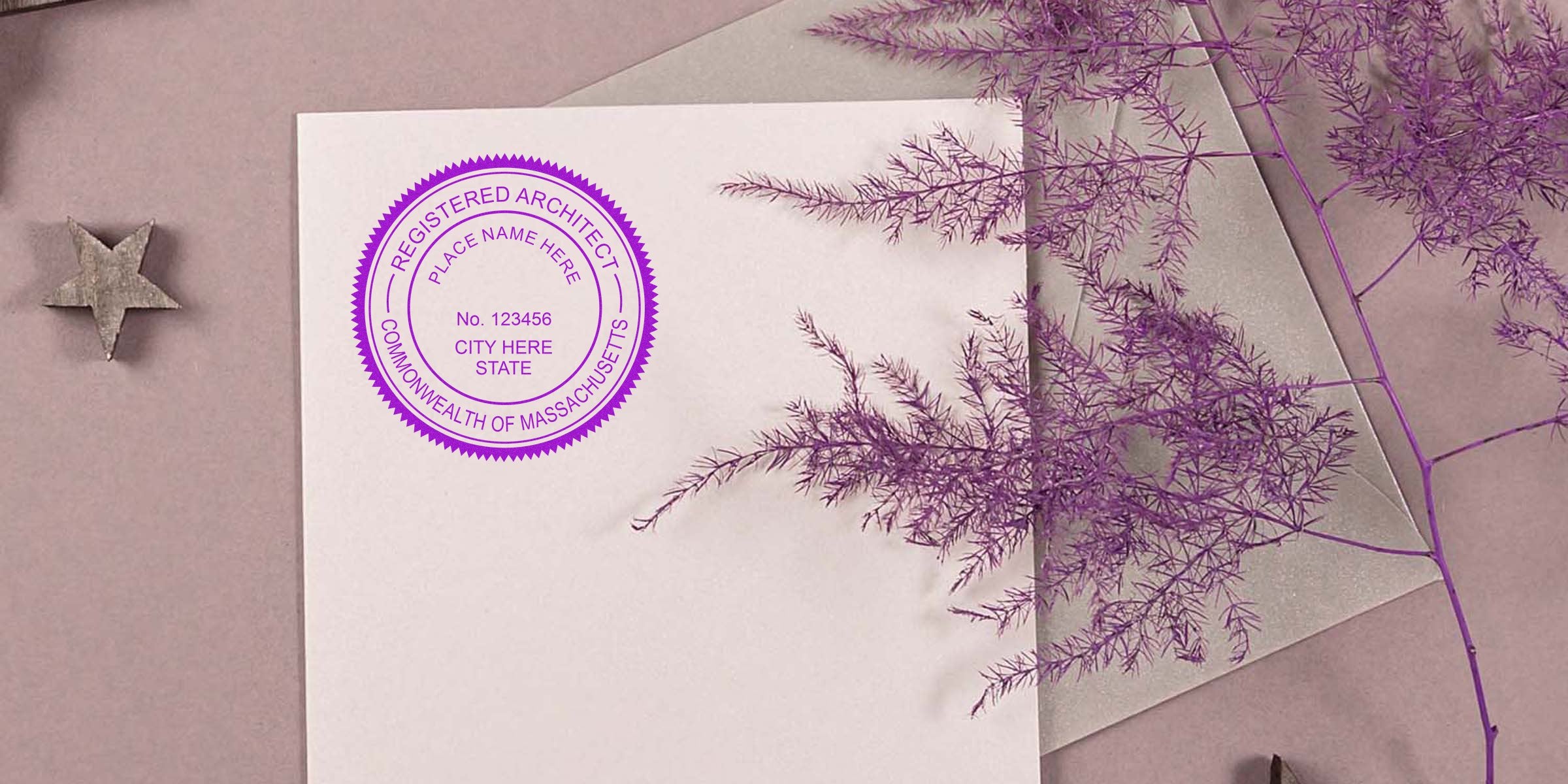 Massachusetts architect stamp on white paper, featuring a registered architect seal with a purple decorative plant and star ornament, showcasing a professional architect stamp design.