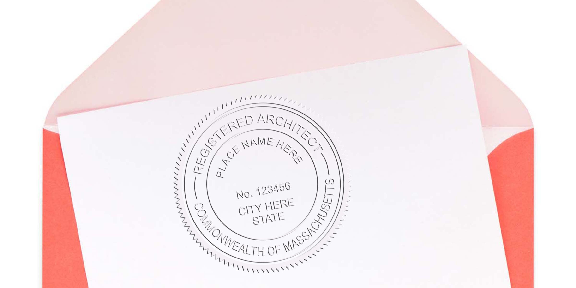 Registered architect seal on white paper with pink and red envelope, meeting Massachusetts architect stamp laws and MA certification requirements.