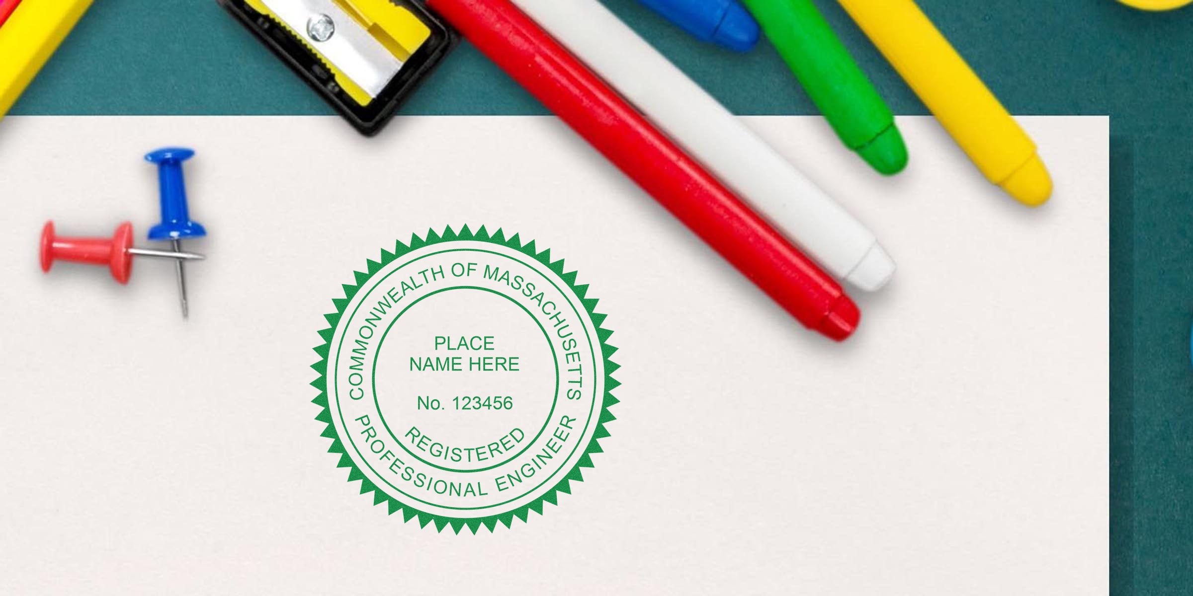 Massachusetts engineer stamp on paper, surrounded by colorful markers and push pins, showcasing a professional engineer seal, perfect for online Massachusetts engineer stamp use.