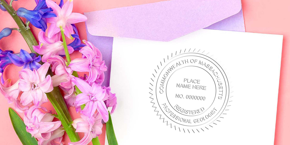 Massachusetts professional geologist registration certificate with the Massachusetts Geologist Seal, decorated with pink and purple flowers on a pastel background, highlighting Geologist Licensing Massachusetts.
