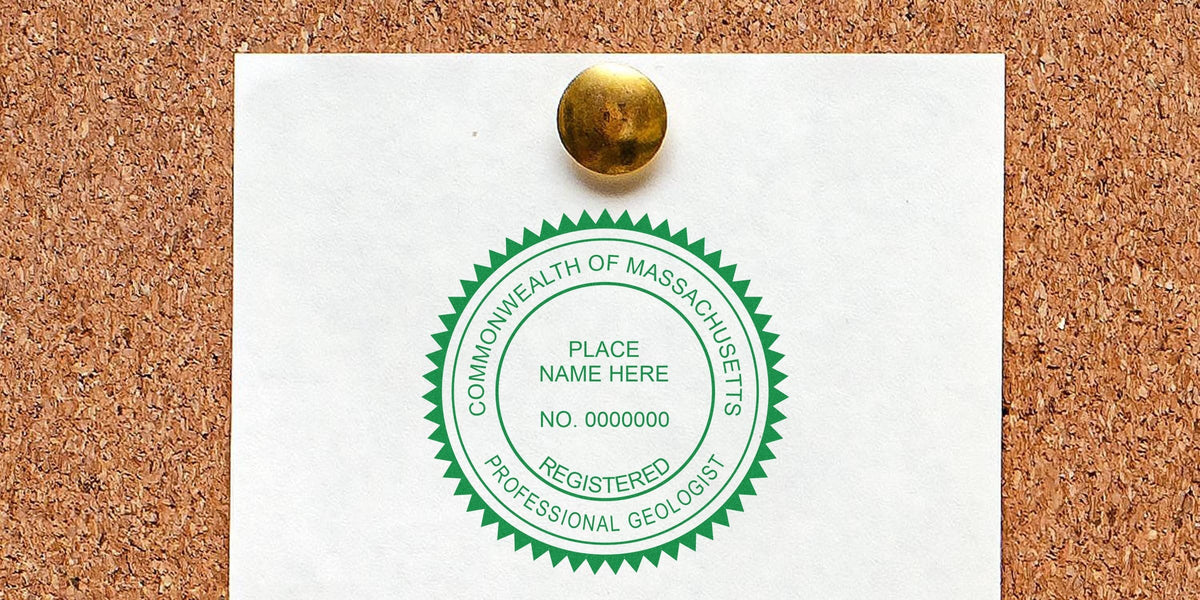 Registered professional geologist seal pinned on corkboard with Massachusetts Geologist Stamp, featured in a shopping guide.