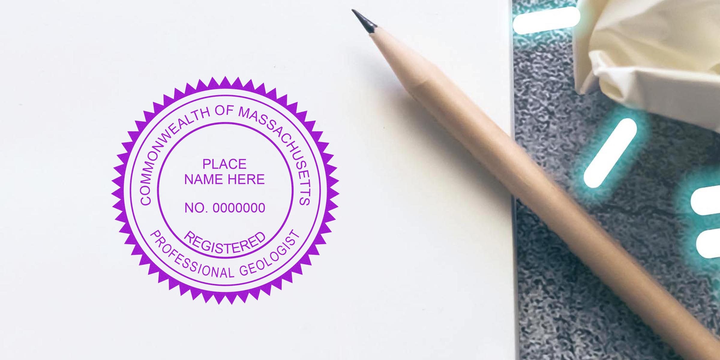Massachusetts professional geologist stamp on white paper with pencil and crumpled paper background, showing the geologist seal and stamp guide.