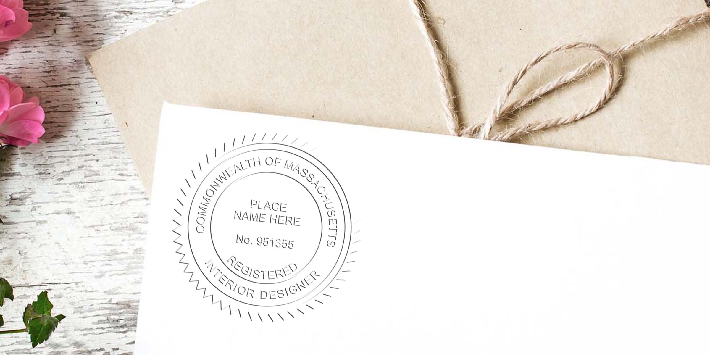 Envelope sealed with Massachusetts interior designer stamp, tied with rustic twine, decorated with pink flowers, symbolizing MA interior design licensing.