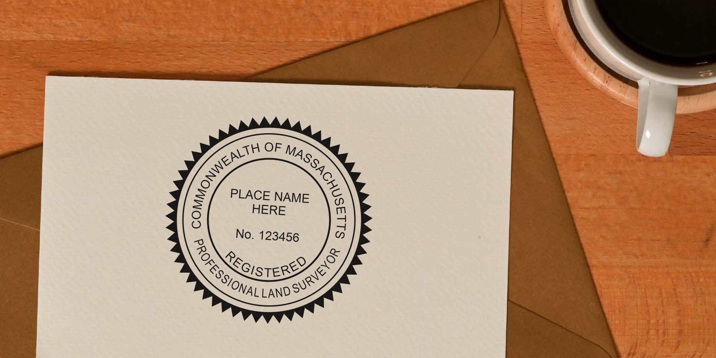 Commonwealth of Massachusetts land surveyor stamp on paper next to coffee cup and envelope on wooden table, emphasizing professional land surveyor requirements in Massachusetts.