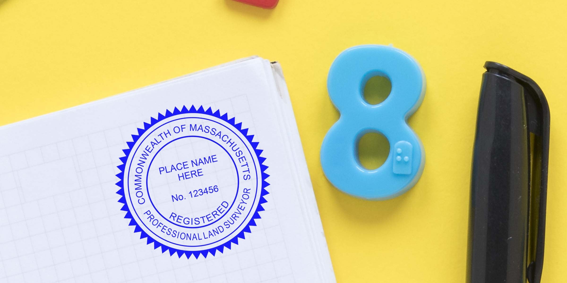Massachusetts land surveyor seal on document #123456 with blue number 8 on yellow background, complying with land surveyor seal design standards.