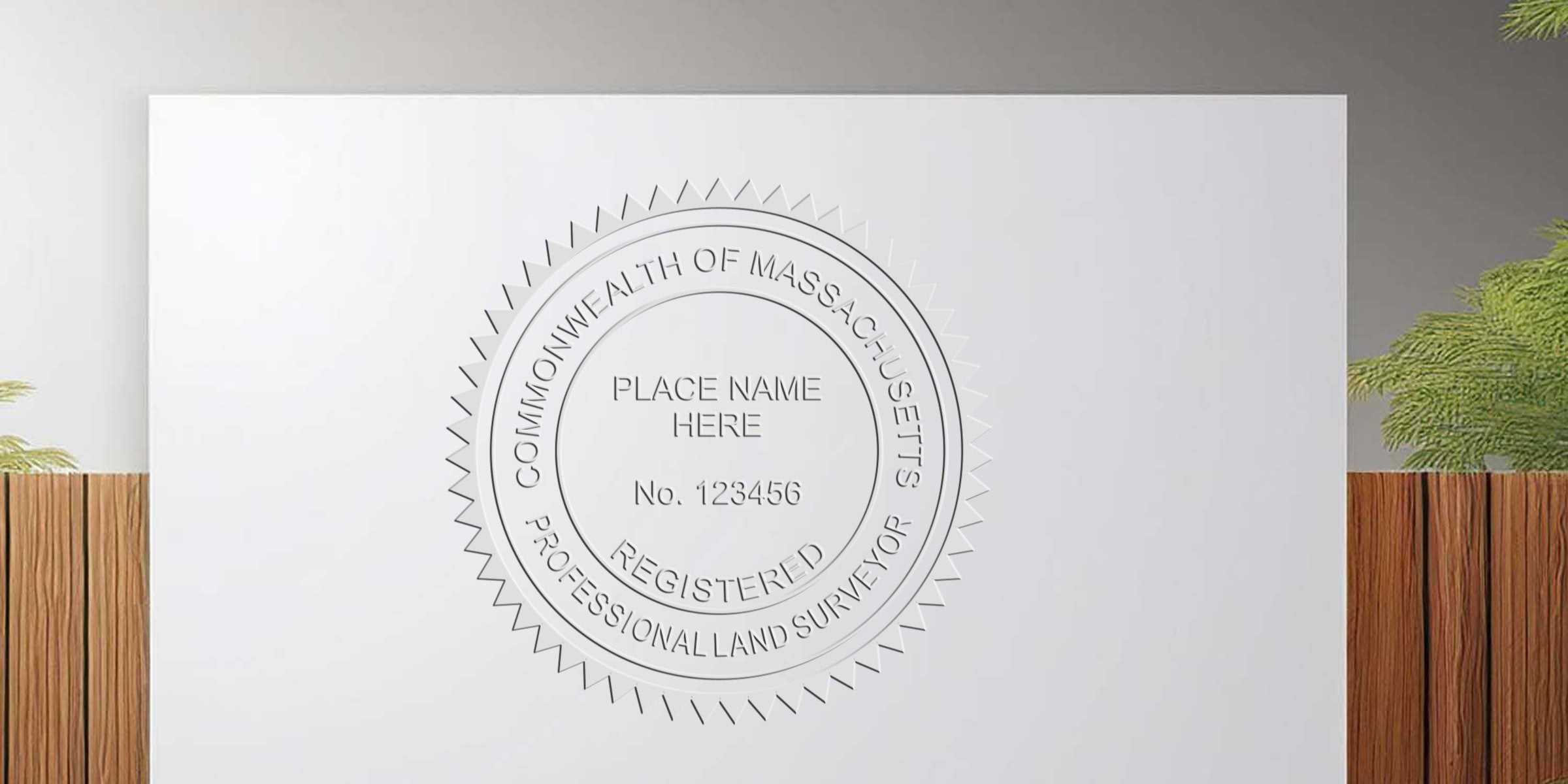 Embossed Massachusetts land surveyor seal on white certificate background, symbolizing land surveyor certification in Massachusetts.