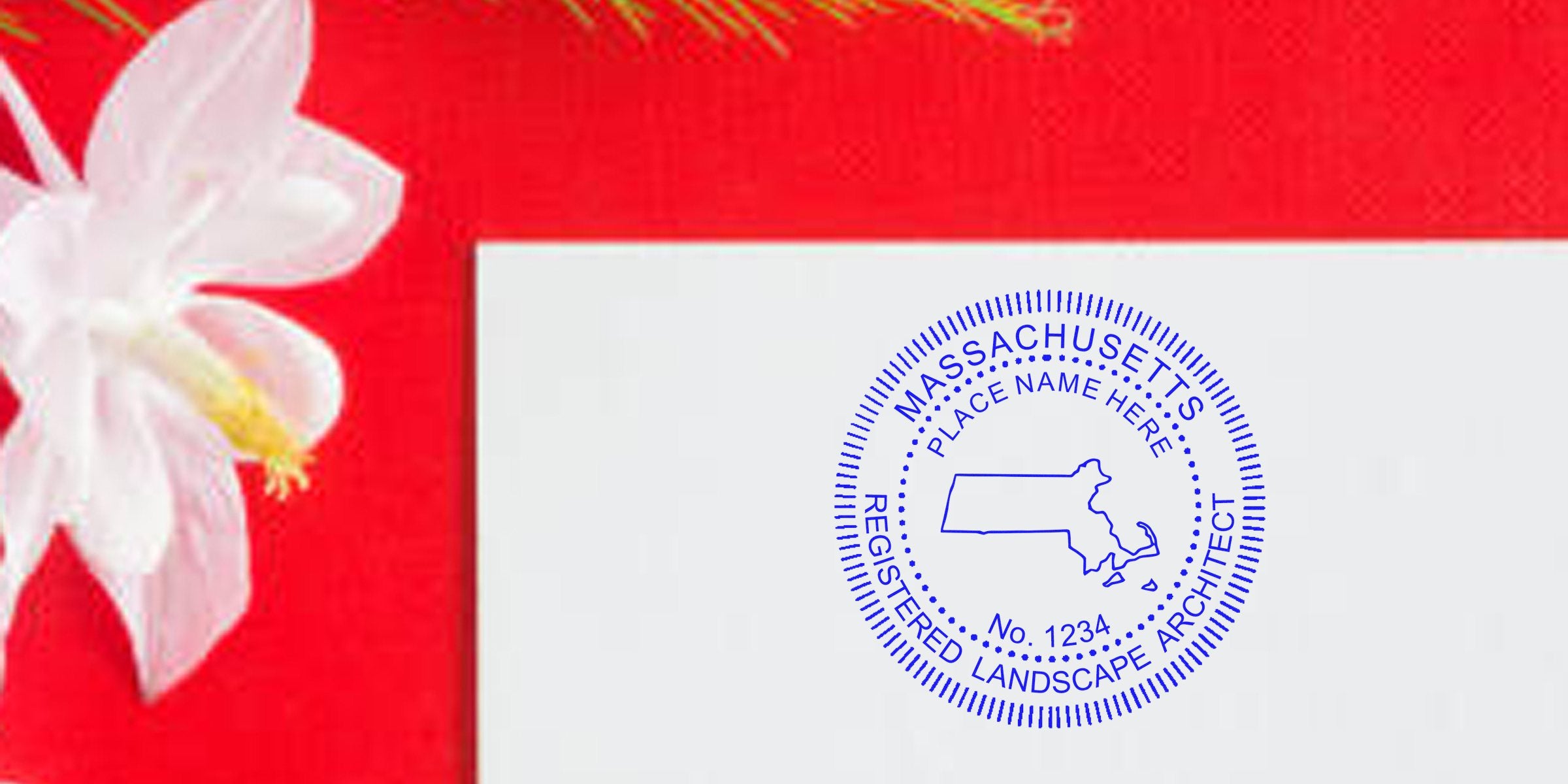Massachusetts landscape architect stamp on white paper with white flower and red background, emphasizing online landscape architect certification.