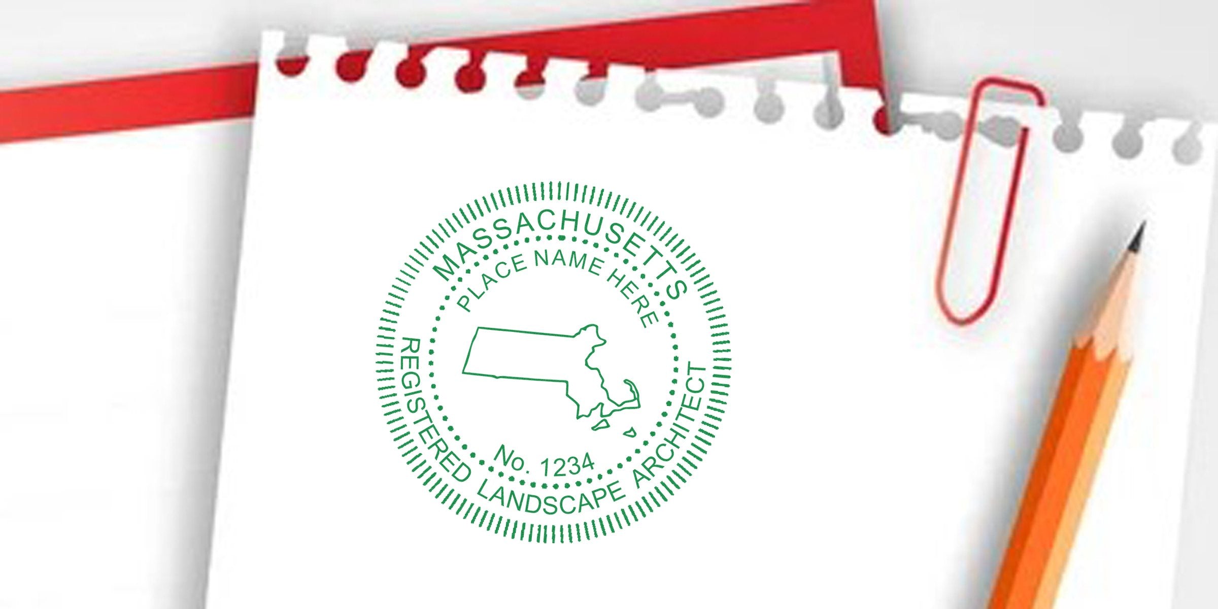 Massachusetts landscape architect stamp on white paper with pencil and red paperclip, showing the registered landscape architect seal, ideal for purchasing a landscape architect stamp.
