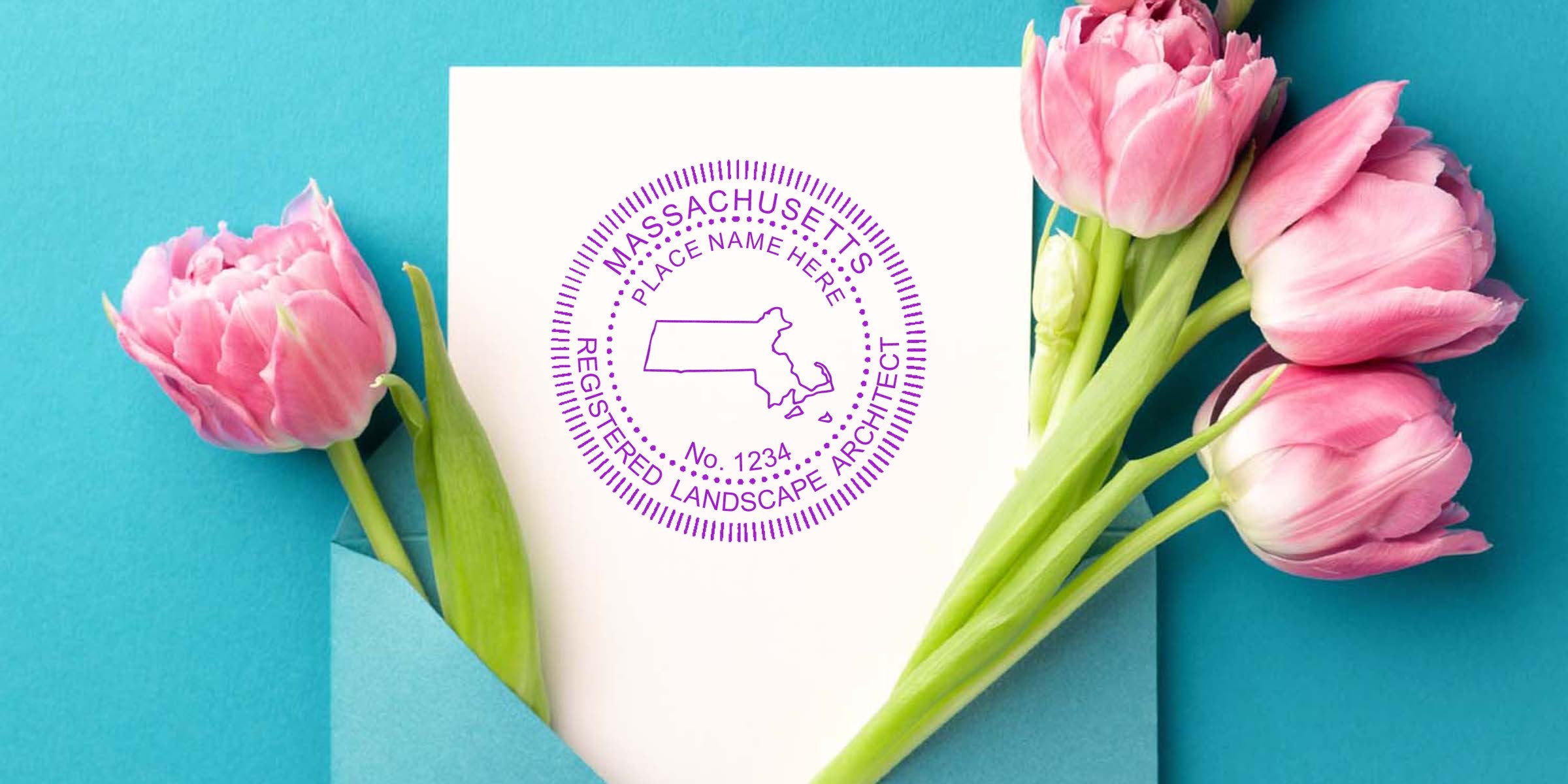 Massachusetts landscape architect stamp on white paper with pink tulips and blue envelope, featuring the registered landscape architect seal; order your Massachusetts landscape architect stamp today.