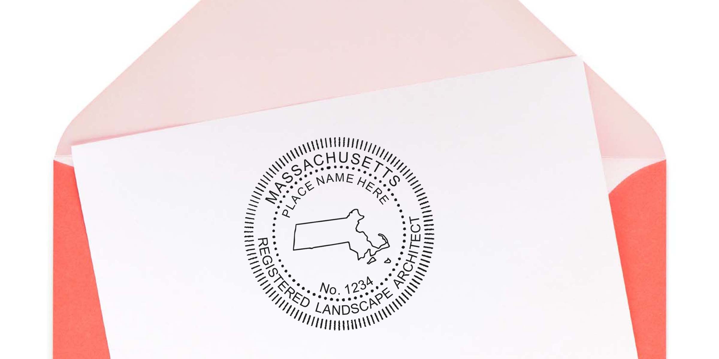 Massachusetts Landscape Architect Stamp with state map and customizable place name on white card, in pink and red envelope, representing Landscape Architect Licensing Massachusetts.
