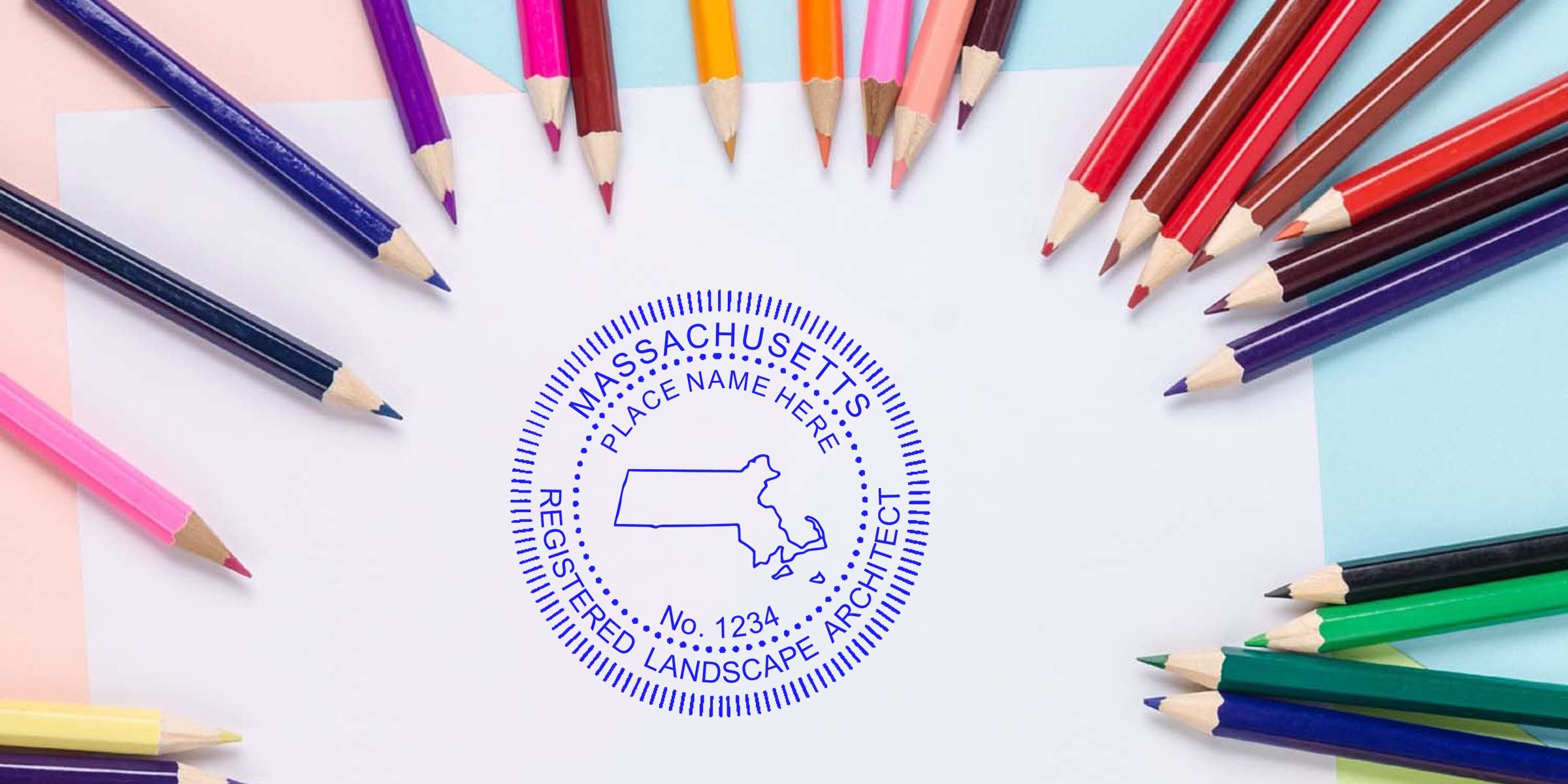 Massachusetts landscape architect seal surrounded by colored pencils on white paper, emphasizing the seal and state licensing requirements.
