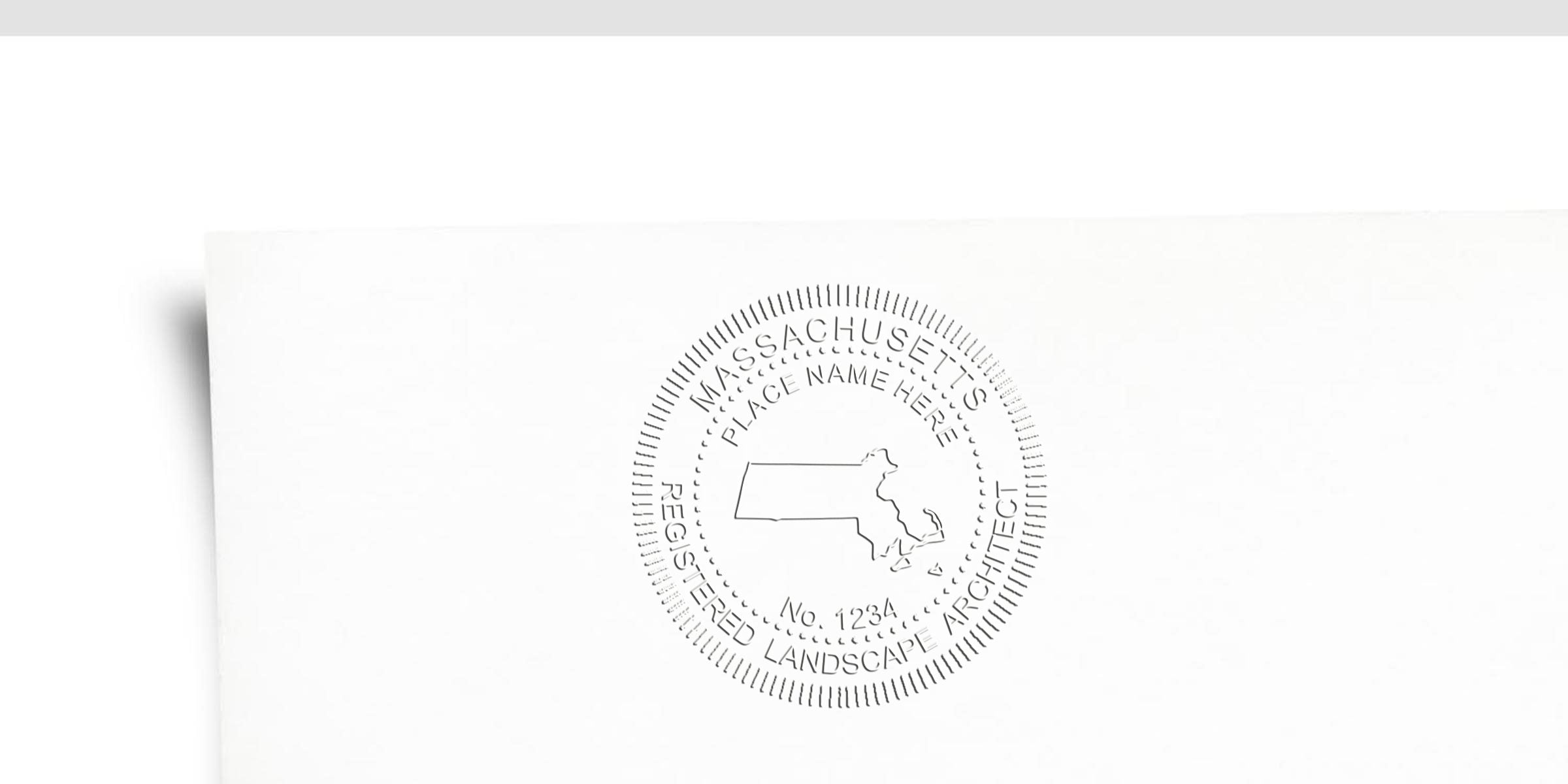 Embossed seal of a Massachusetts registered landscape architect on white paper, showcasing custom stamps for Massachusetts landscape architects.