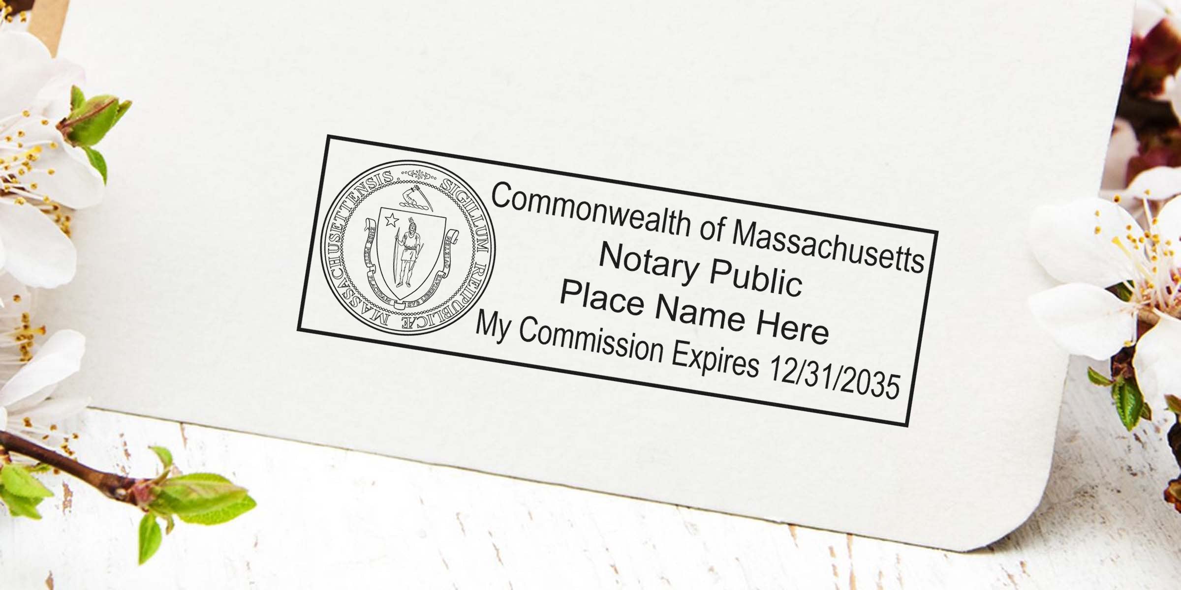 Massachusetts notary seal with official stamp and commission expiry on white paper, surrounded by spring flowers, from trusted notary seal suppliers.