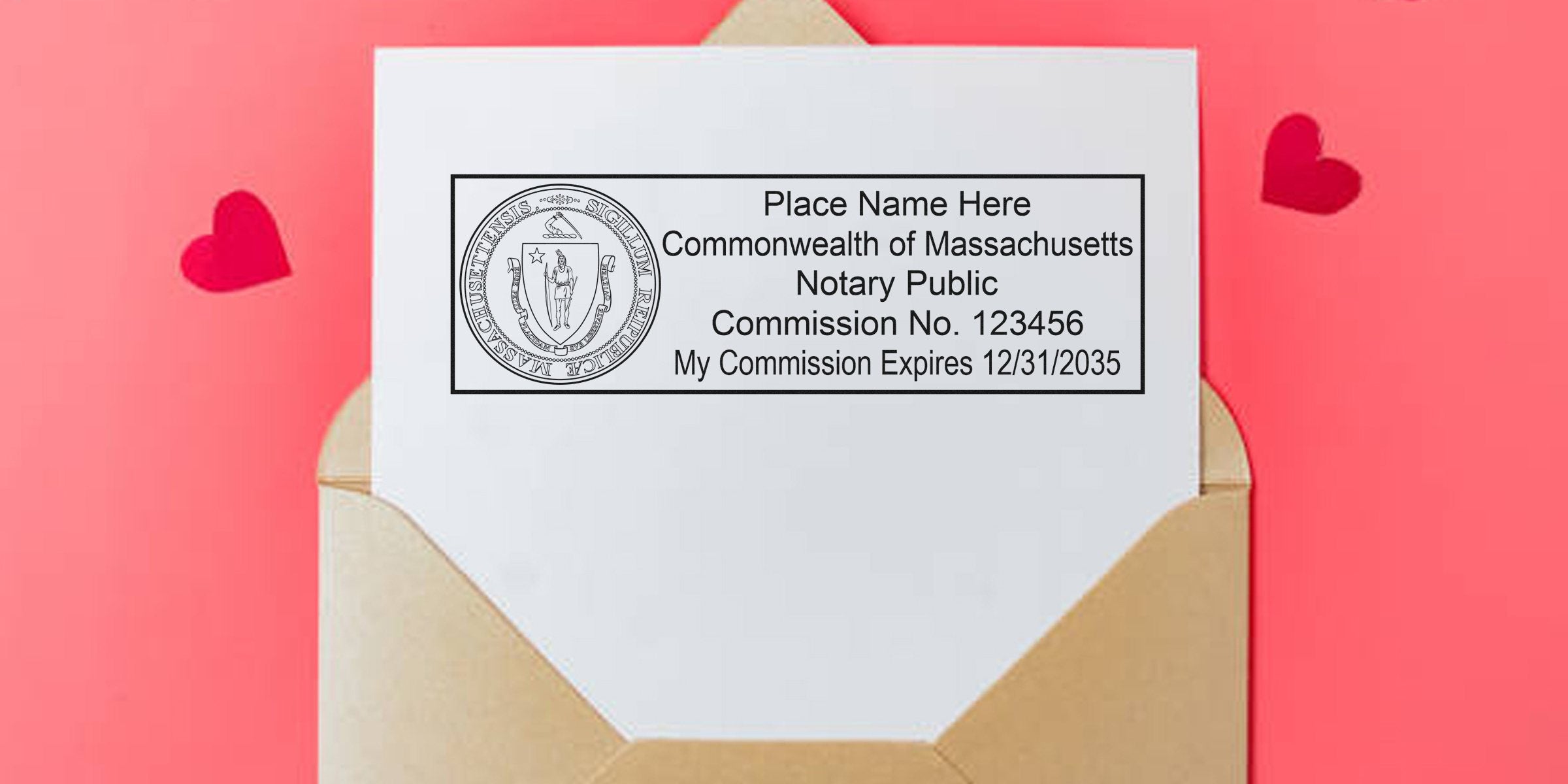Massachusetts notary seal stamped on white paper inside an envelope with red heart decorations, symbolizing online notary seal purchase.