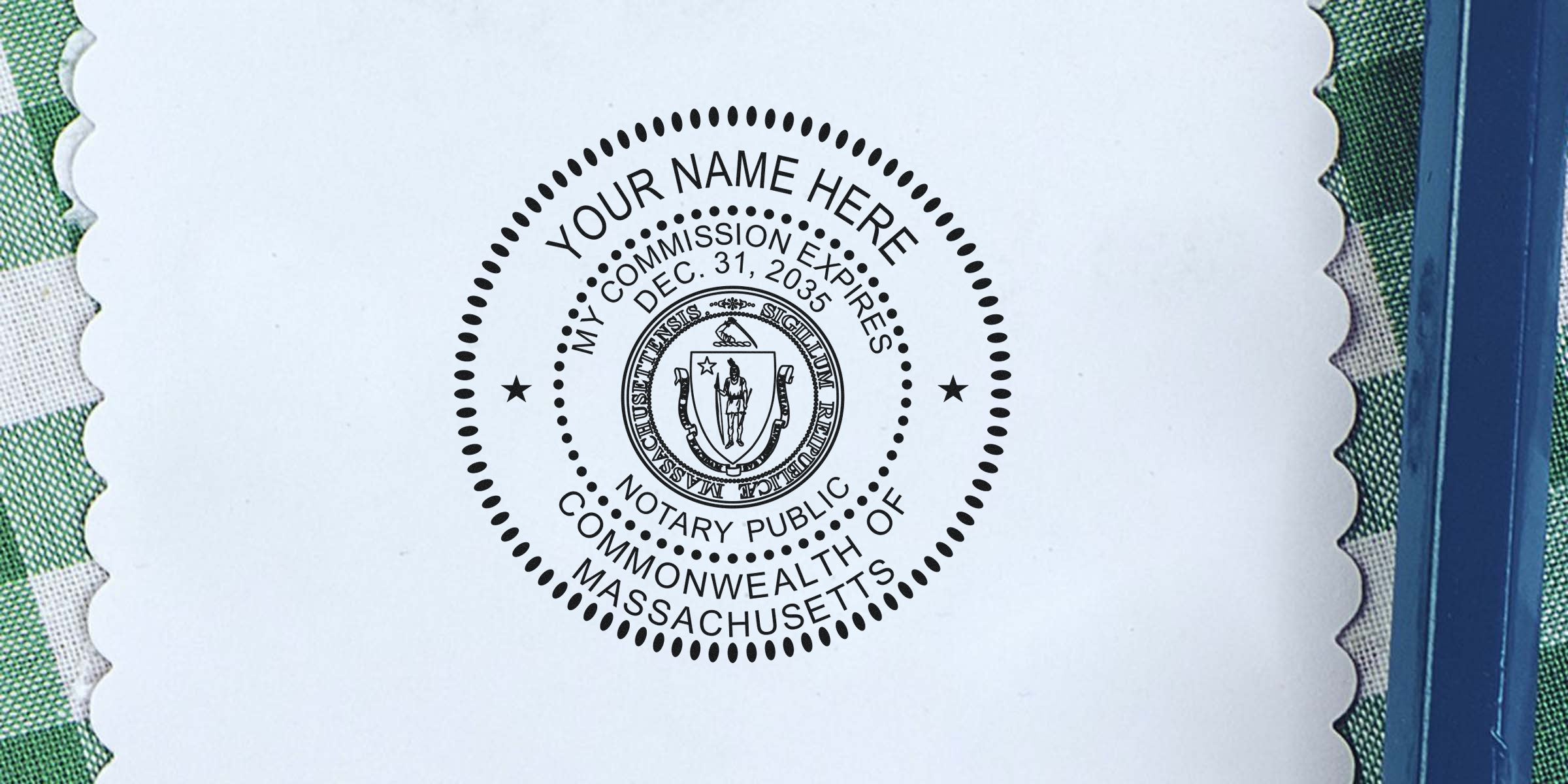 Massachusetts notary stamp with official seal, customizable name, and commission expiration date.
