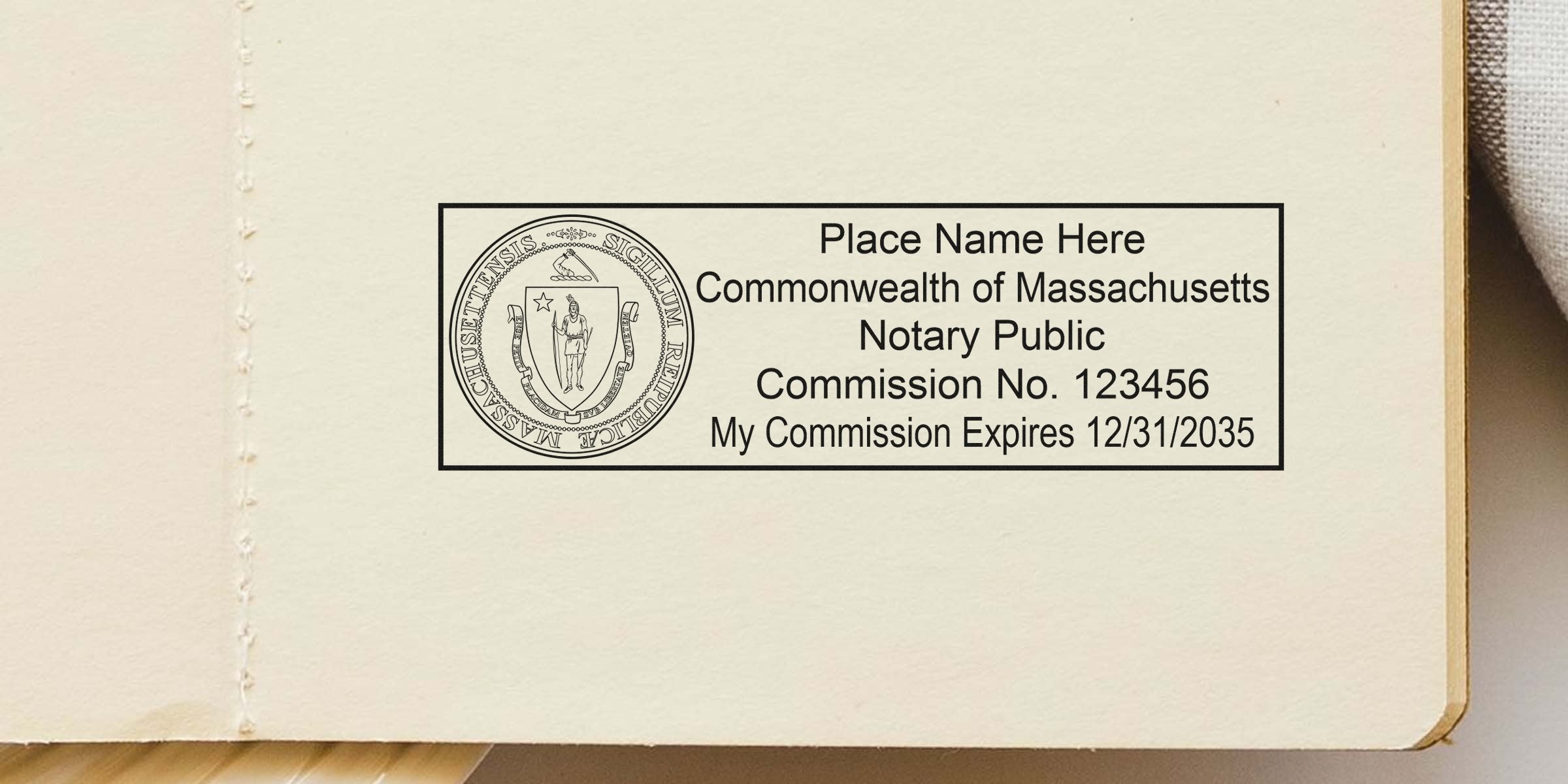 Massachusetts notary seal stamp on paper displaying commission number and expiration date, complying with Massachusetts notary seal requirements.
