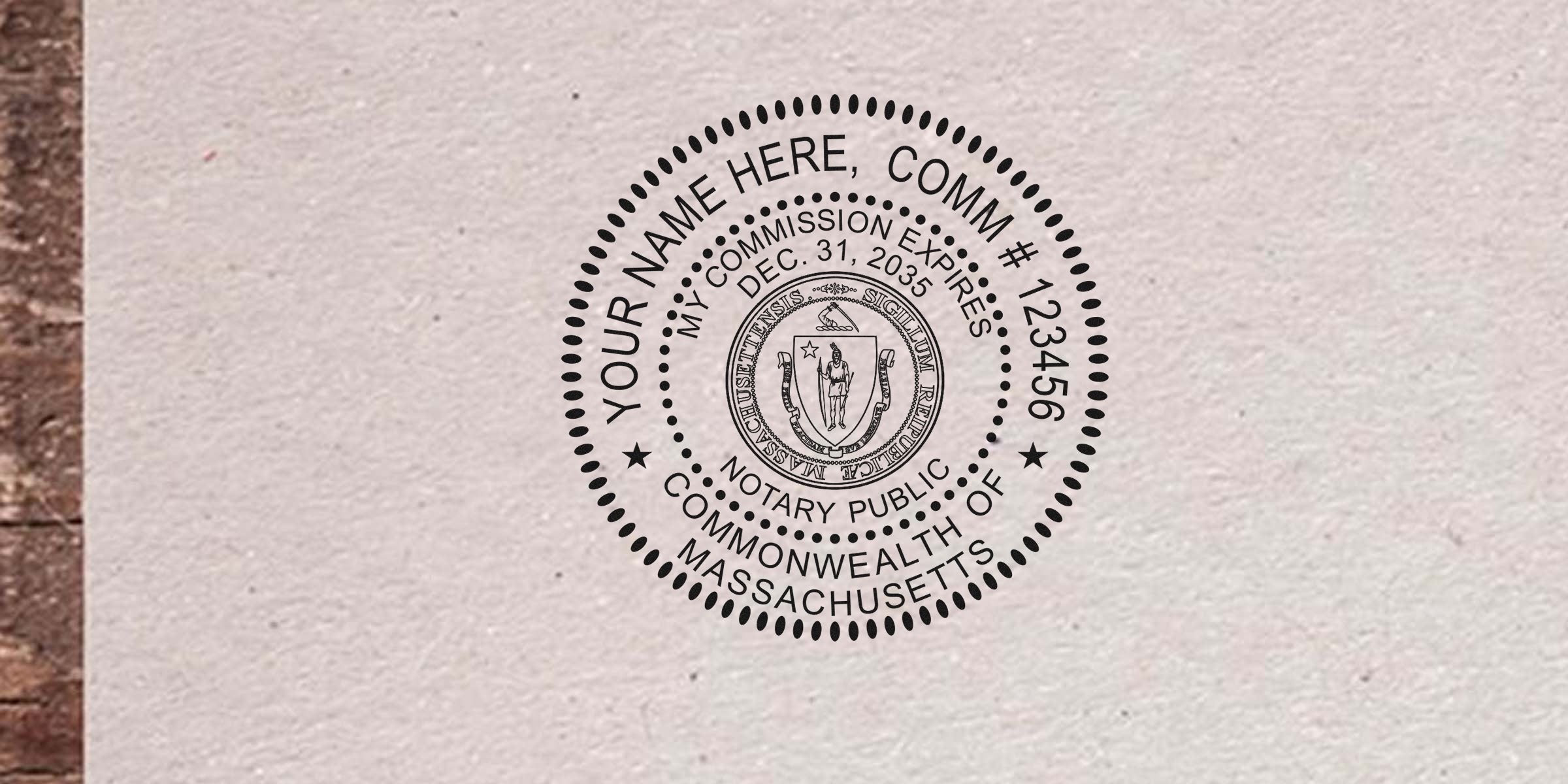 Massachusetts notary stamp on paper for legal document authentication, per Massachusetts notary public guidelines.