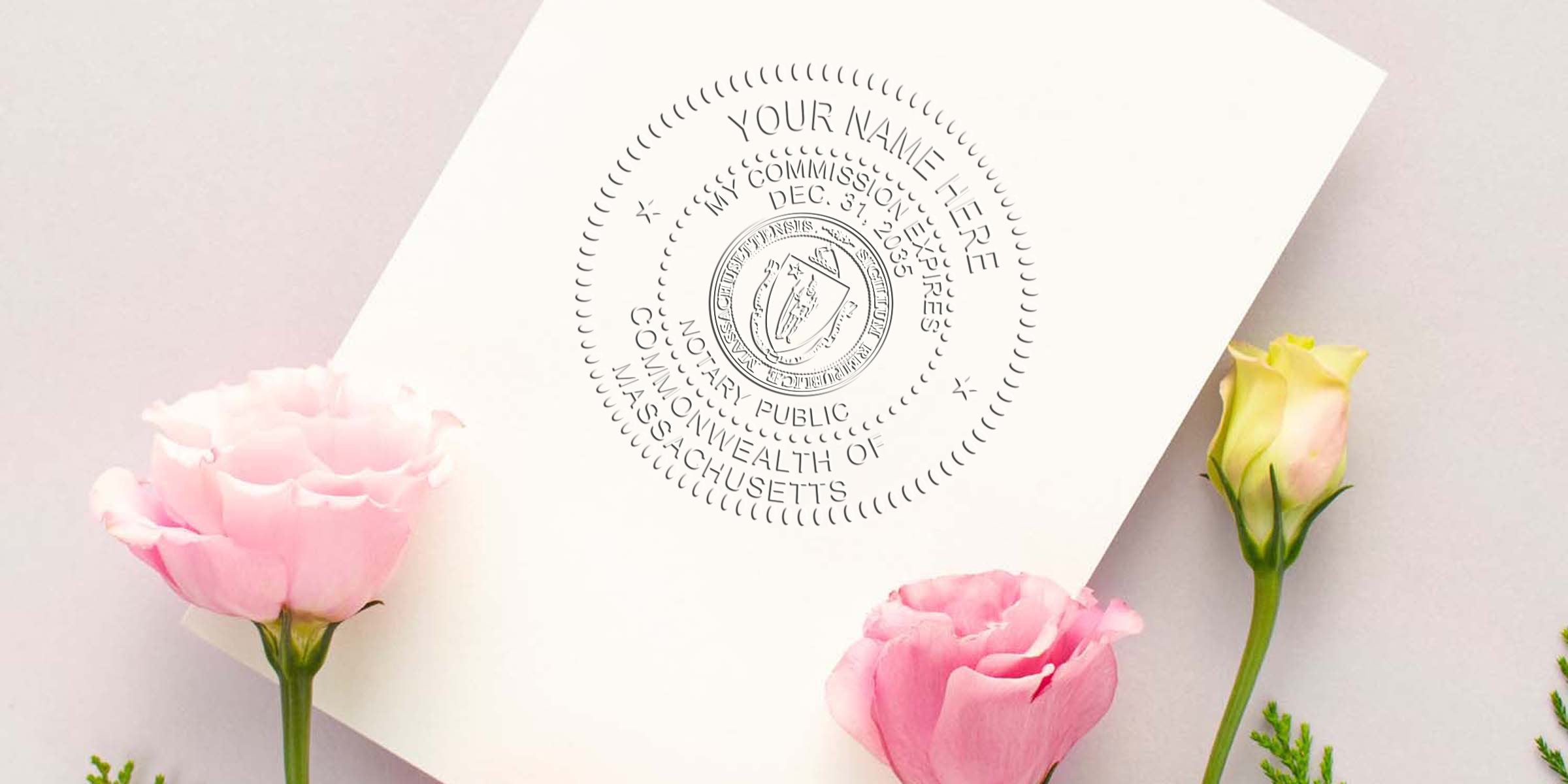 Massachusetts notary public embossed seal on white paper with pink and yellow flowers, meeting Massachusetts notary stamp law and requirements.