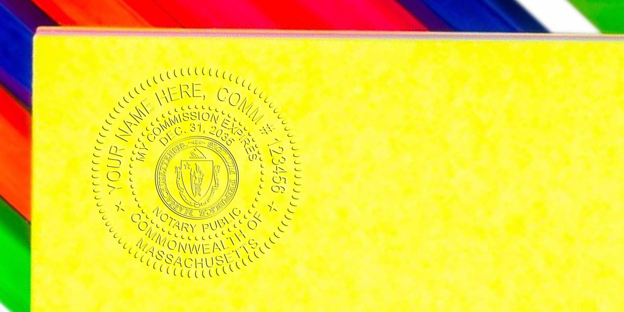 Massachusetts notary seal embossed on yellow document with colorful background, meeting official certification and legal authentication standards.