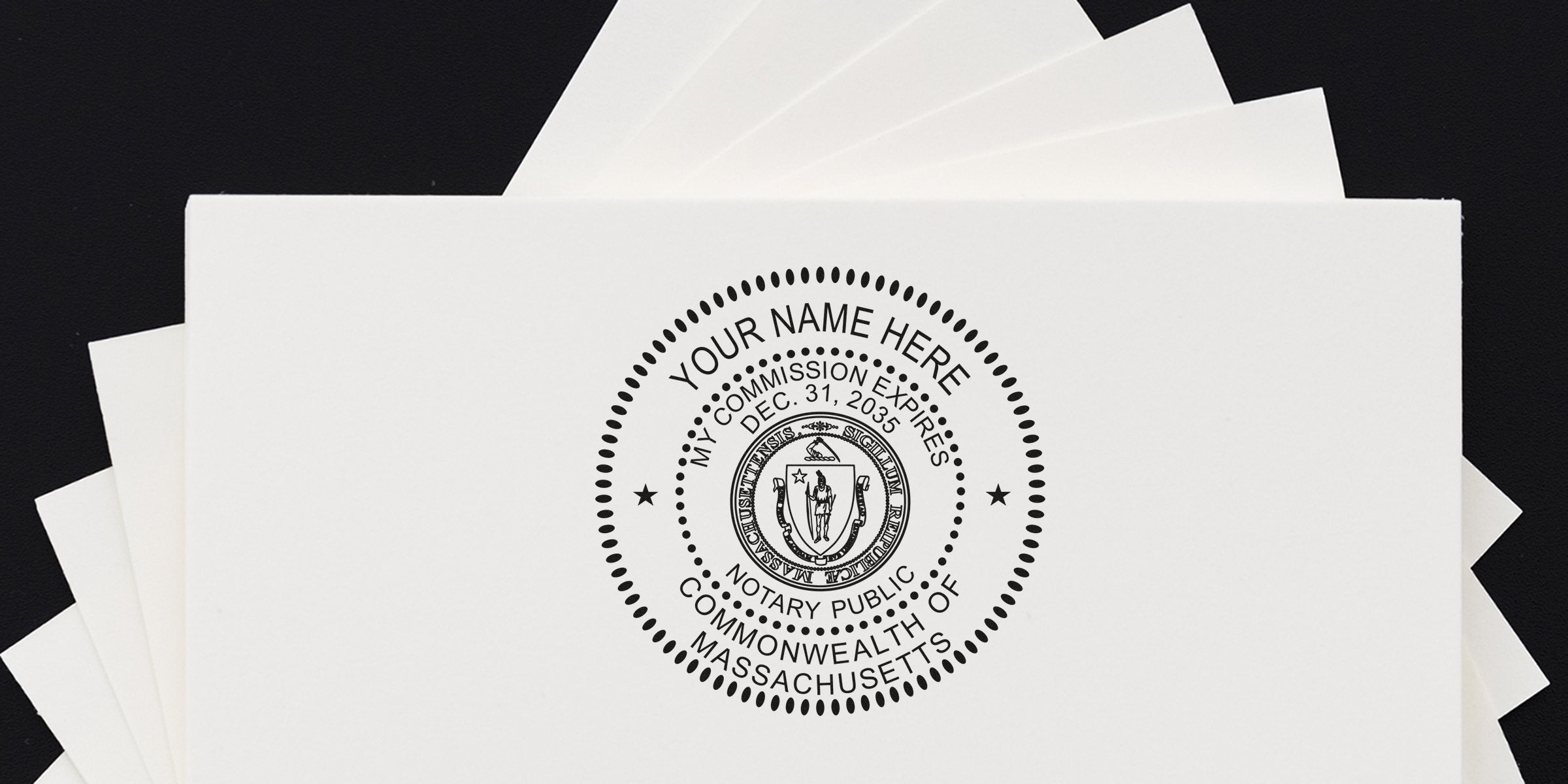 Massachusetts notary public stamp on white paper with commission expiration date and official state seal, part of essential notary toolkit and Massachusetts notary supplies.