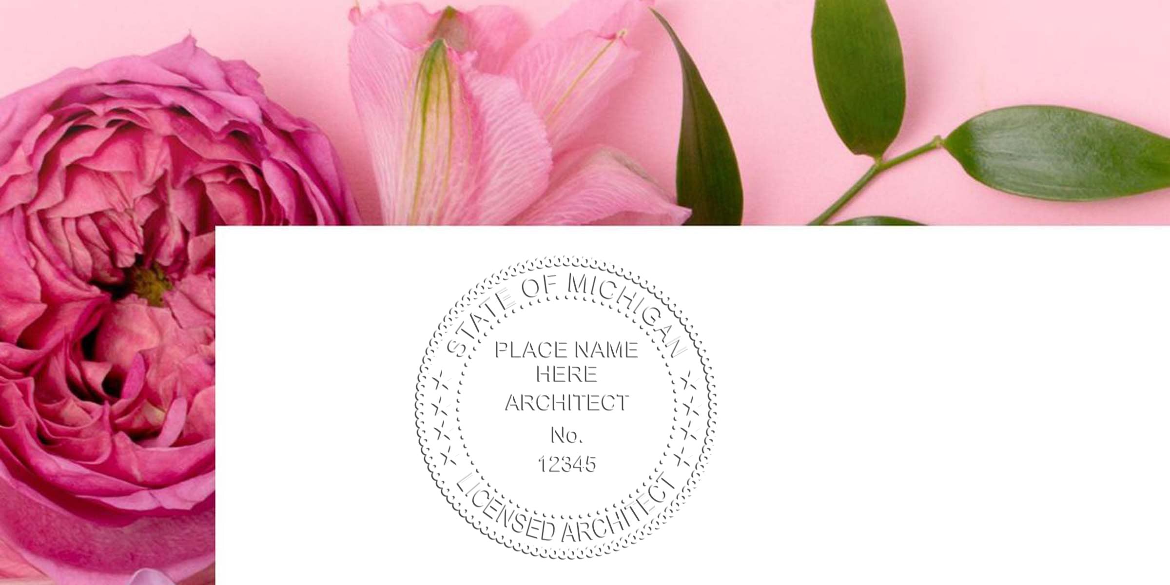 Pink floral background with Michigan architect seal and certification number, adhering to architect seal guidelines.