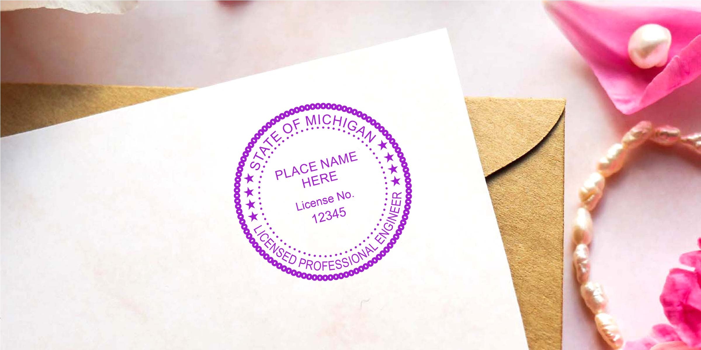 Affordable Michigan engineer stamps with licensed professional engineer seal on white paper, shown with envelope and pink flowers background.
