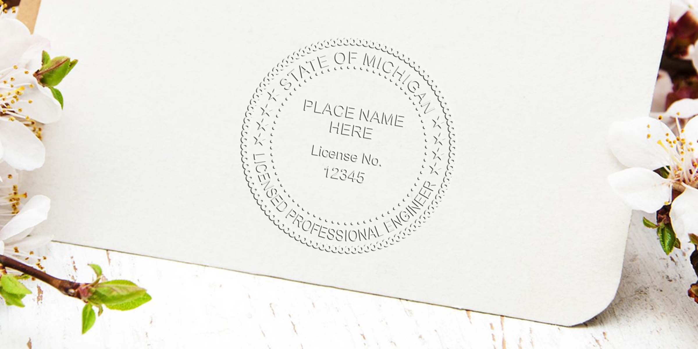 State of Michigan licensed professional engineer seal embossed on white paper with flowers, displaying Michigan engineer seal and design.