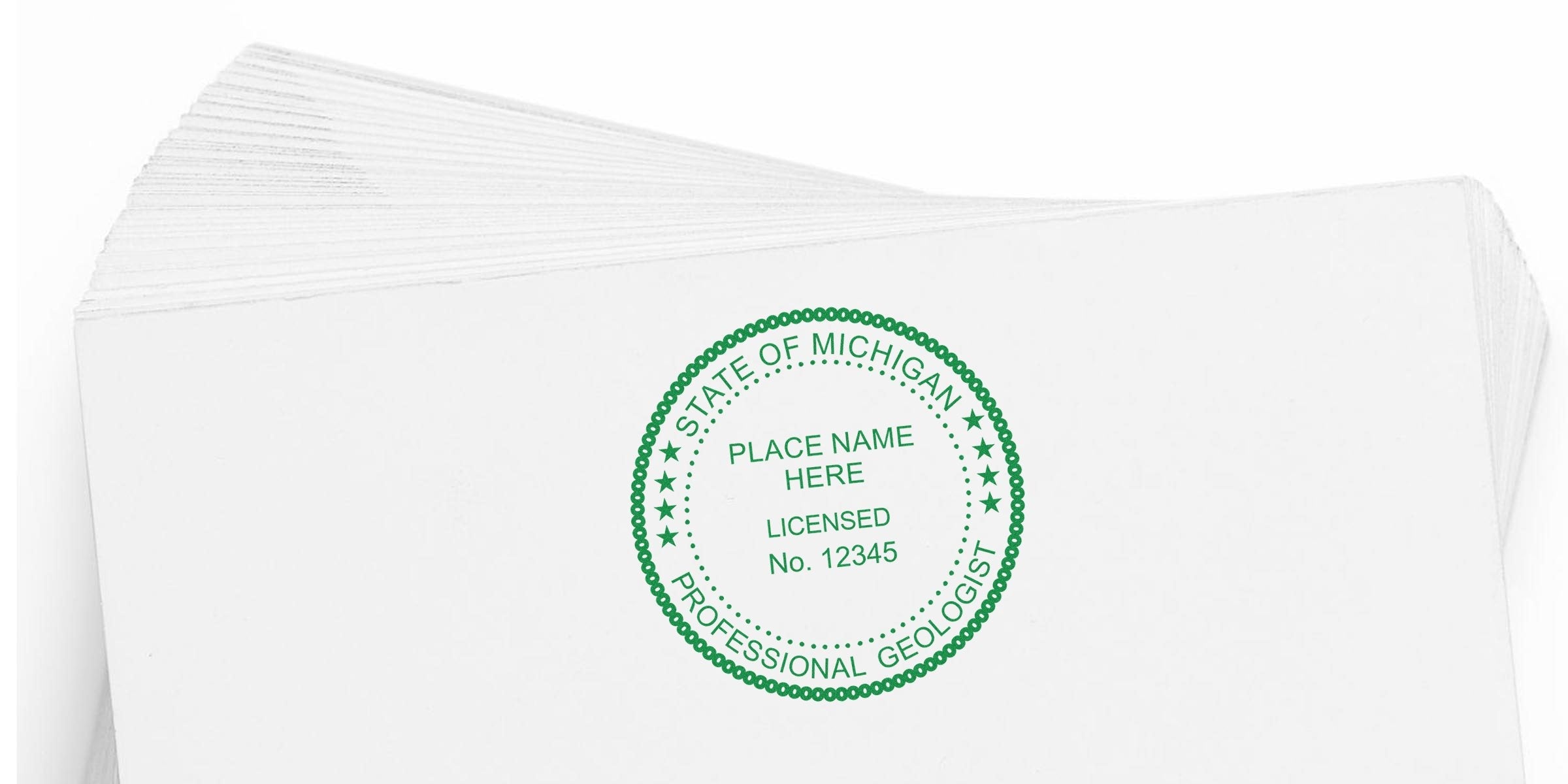 Custom Michigan Geologist Stamp with license number on white paper stack, featuring detailed stamp specifications.