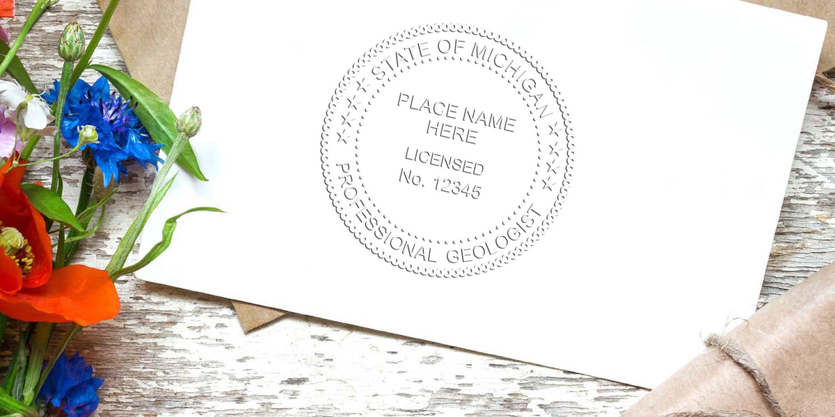 Michigan Geologist Seal on white paper with colorful flowers and rustic wood background, symbolizing Geologist Licensing in Michigan.
