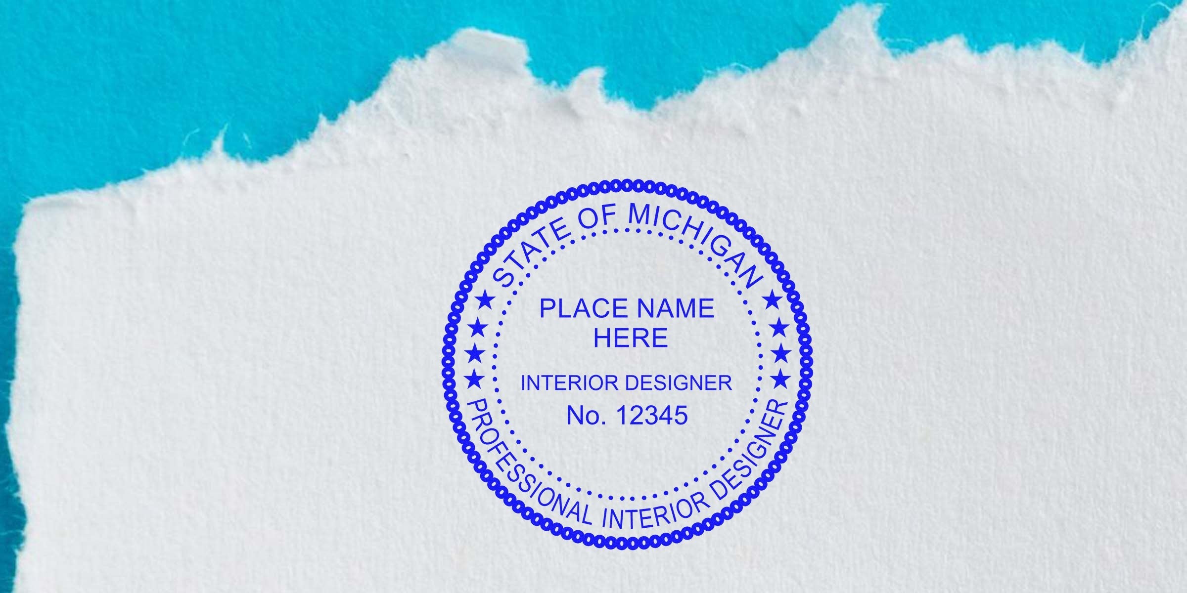Michigan professional interior designer stamp on torn paper, highlighting interior designer costs and stamp fees.