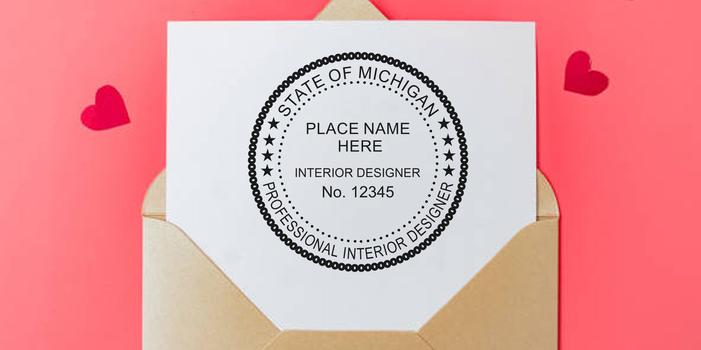 Michigan Interior Designer Stamp with a professional seal for Interior Design Certification on white paper inside an envelope decorated with red hearts.