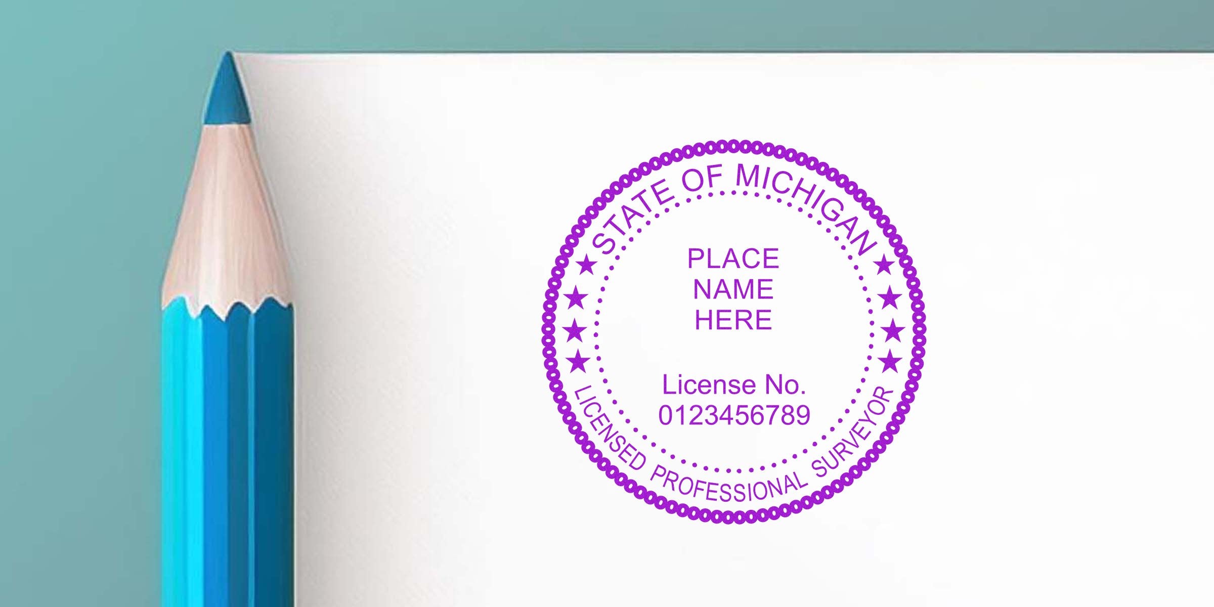 Michigan surveyor stamp in blue pencil on white paper, showing the surveyor stamp order process.