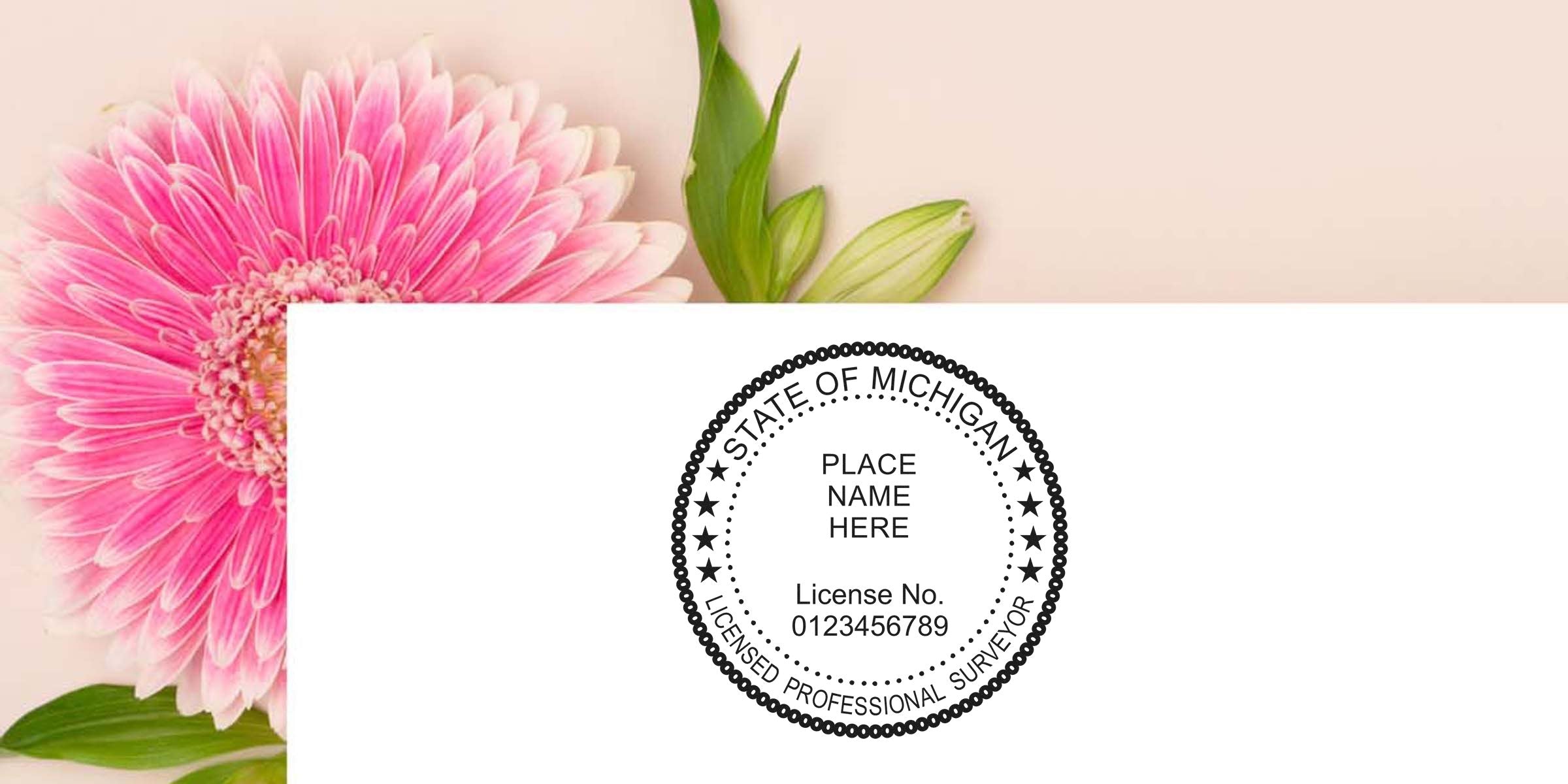 Michigan land surveyor stamp with professional seal and license number on white paper, set against a pink flower background, meeting Michigan land surveying standards.