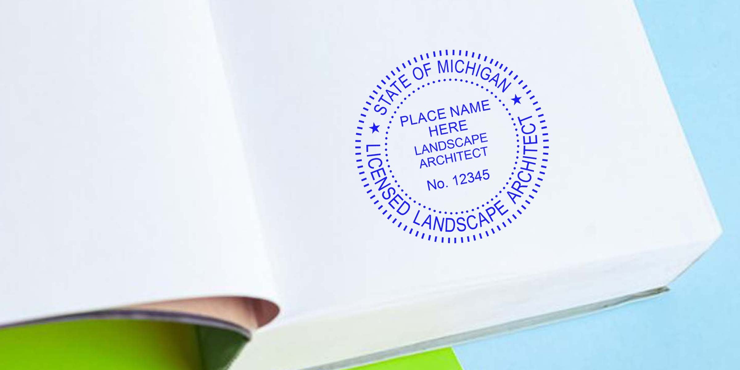 Michigan Landscape Architect stamp on white paper, showing the professional license for certification and landscape design approval.