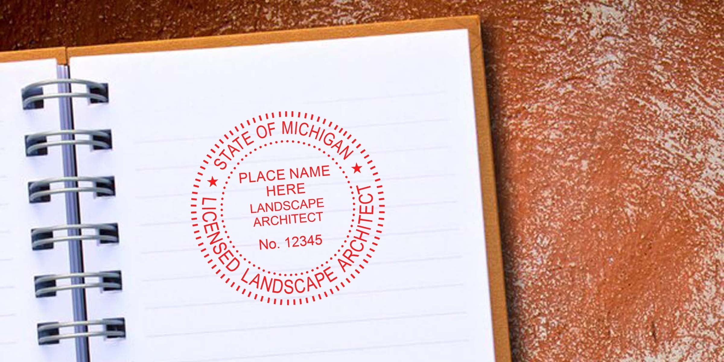 Michigan landscape architect stamp on notebook page for certification verification, perfect for those seeking to buy a professional landscape architect stamp.