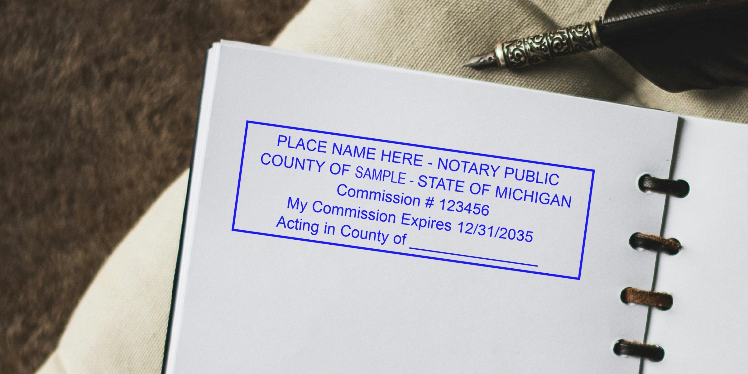 Michigan notary public commission stamp on white paper with vintage fountain pen, showing official seal, meeting Michigan notary stamp requirements and guidelines.