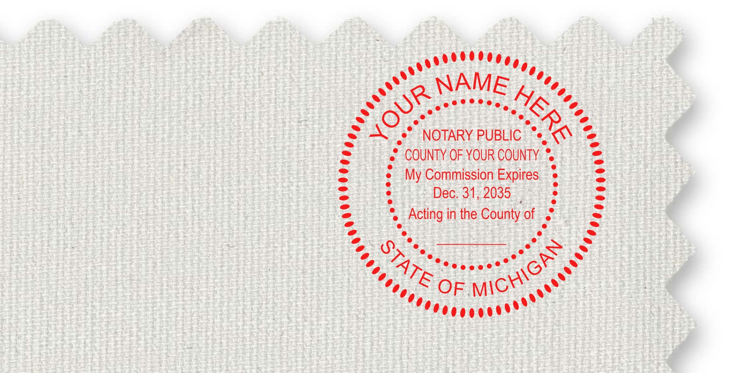 Michigan notary seal stamp with commission expiration date on textured paper, highlighting key notary stamp tips.